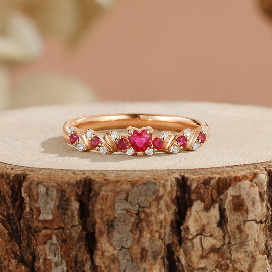 Vintage Twisted Heart Ruby Wedding Band - Mireille