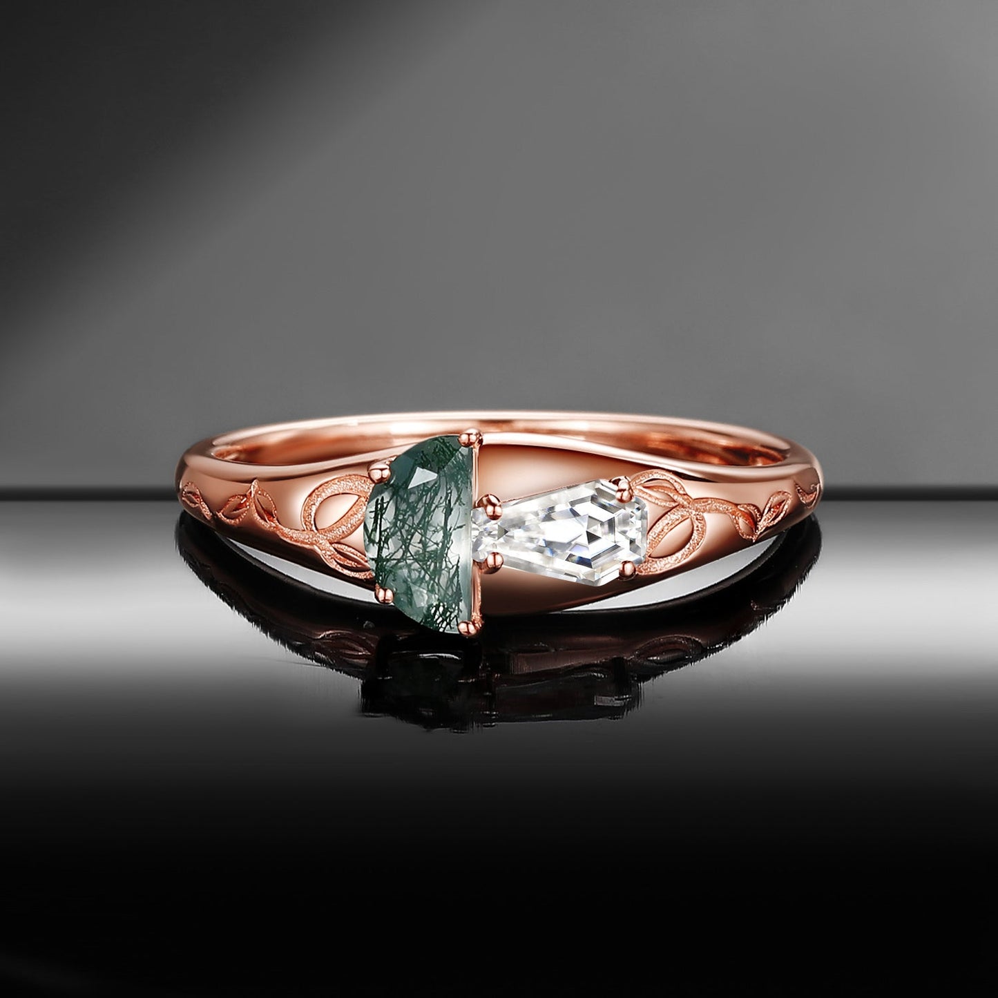 Tree of Life - Half Moon Moss Agate & Coffin Moissanite Mushroom Ring Filigree Wedding Band