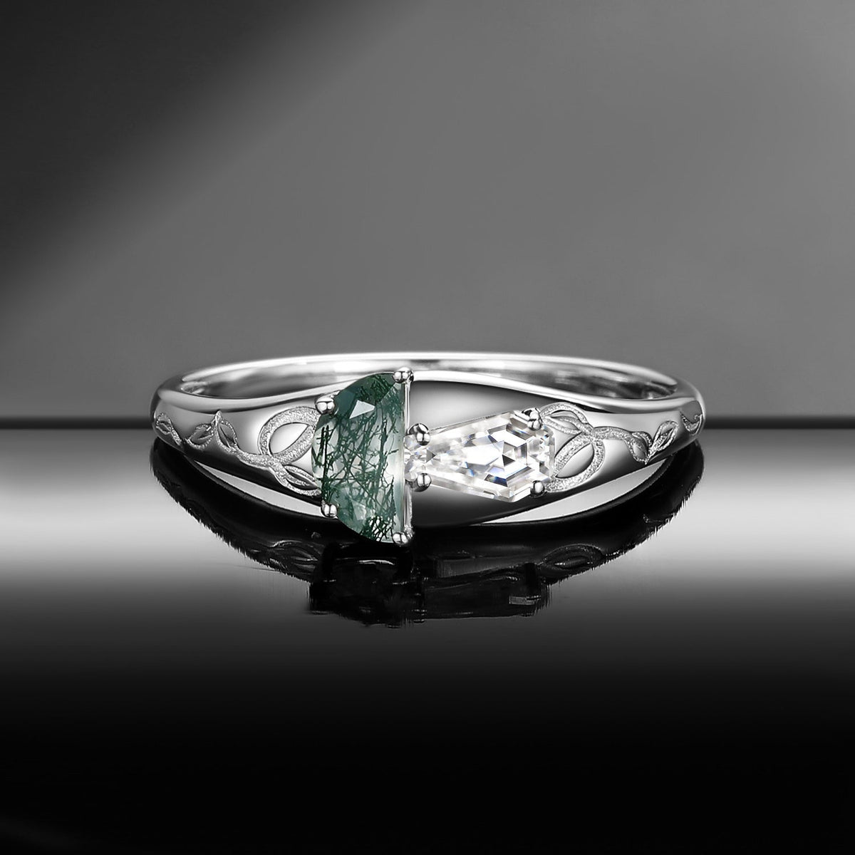 Tree of Life - Half Moon Moss Agate & Coffin Moissanite Mushroom Ring Filigree Wedding Band