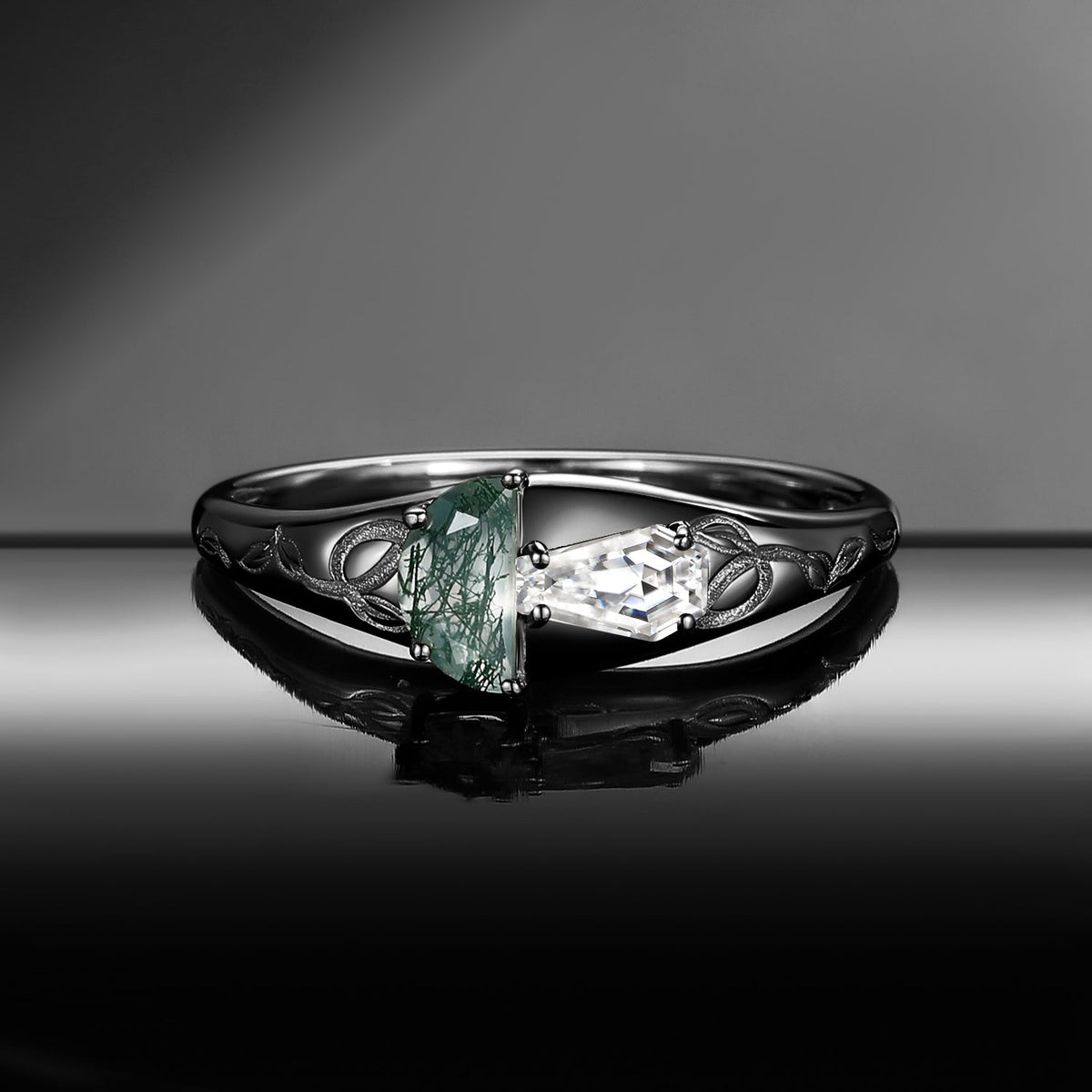 Tree of Life - Half Moon Moss Agate & Coffin Moissanite Mushroom Ring Filigree Wedding Band