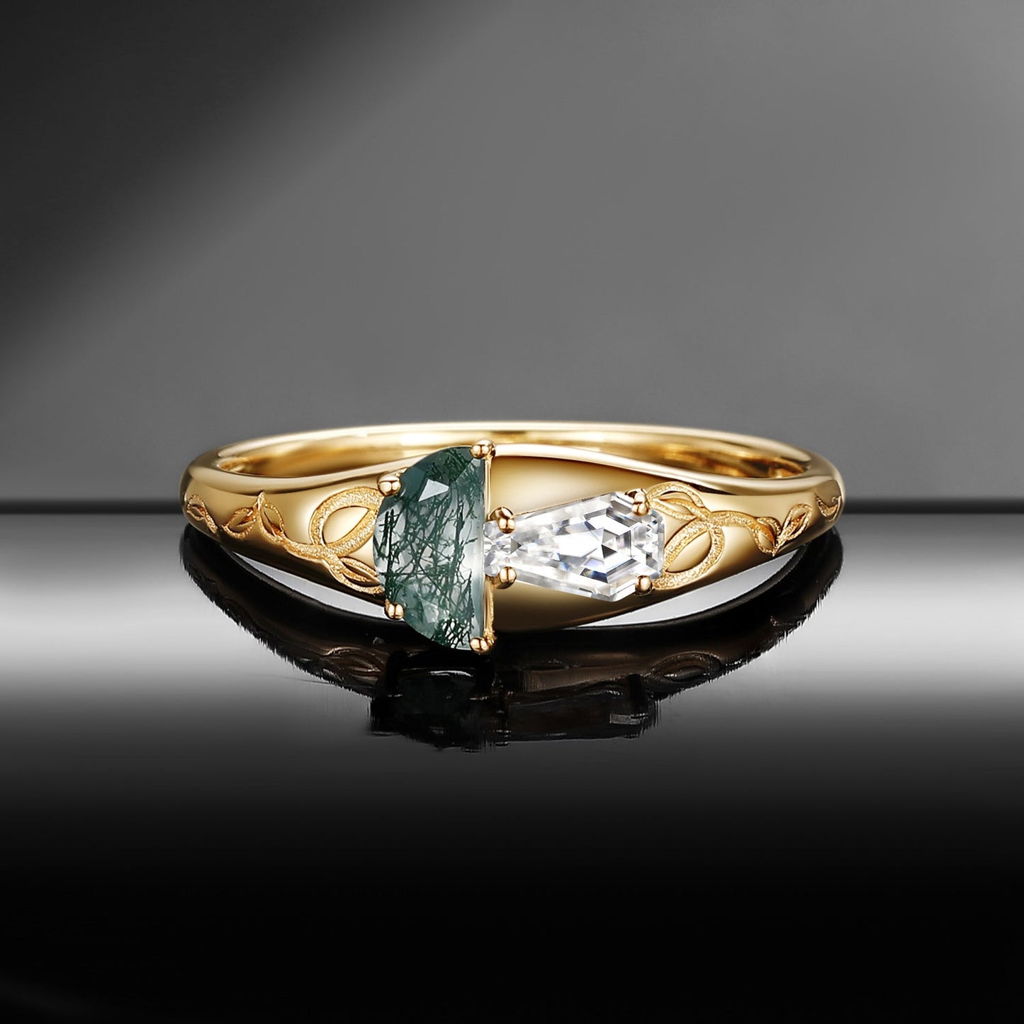 Tree of Life - Half Moon Moss Agate & Coffin Moissanite Mushroom Ring Filigree Wedding Band