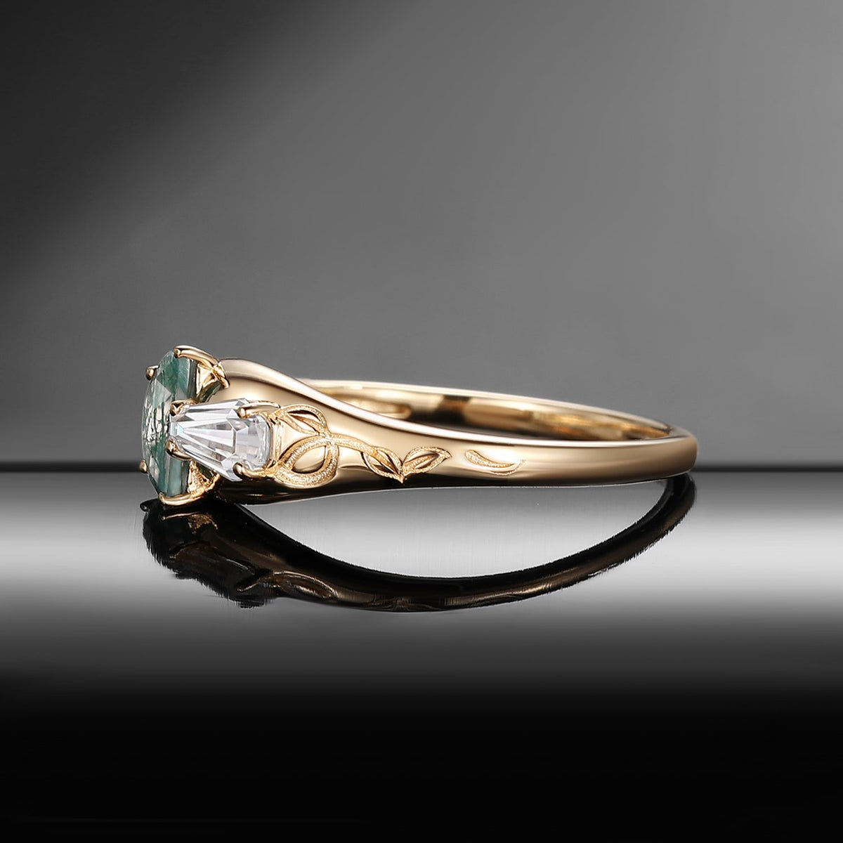 Tree of Life - Half Moon Moss Agate & Coffin Moissanite Mushroom Ring Filigree Wedding Band