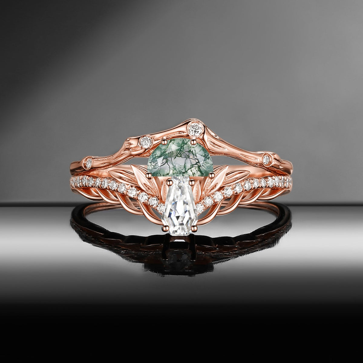 Tree of Life - Nature Inspired Half Moon Moss Agate & Coffin Moissanite Mushroom Engagement Ring Set with Irregular Tree Branch Band
