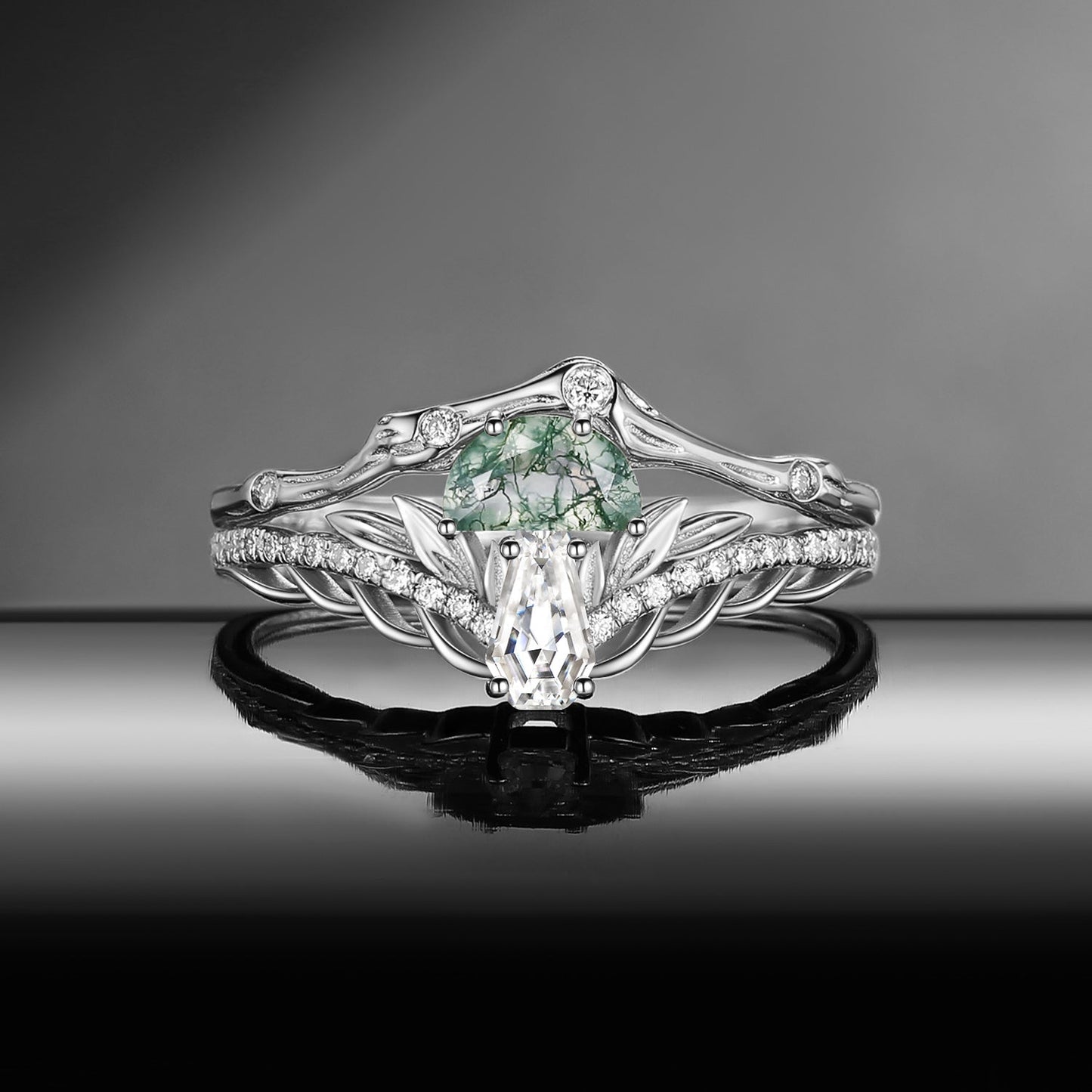 Tree of Life - Nature Inspired Half Moon Moss Agate & Coffin Moissanite Mushroom Engagement Ring Set with Irregular Tree Branch Band