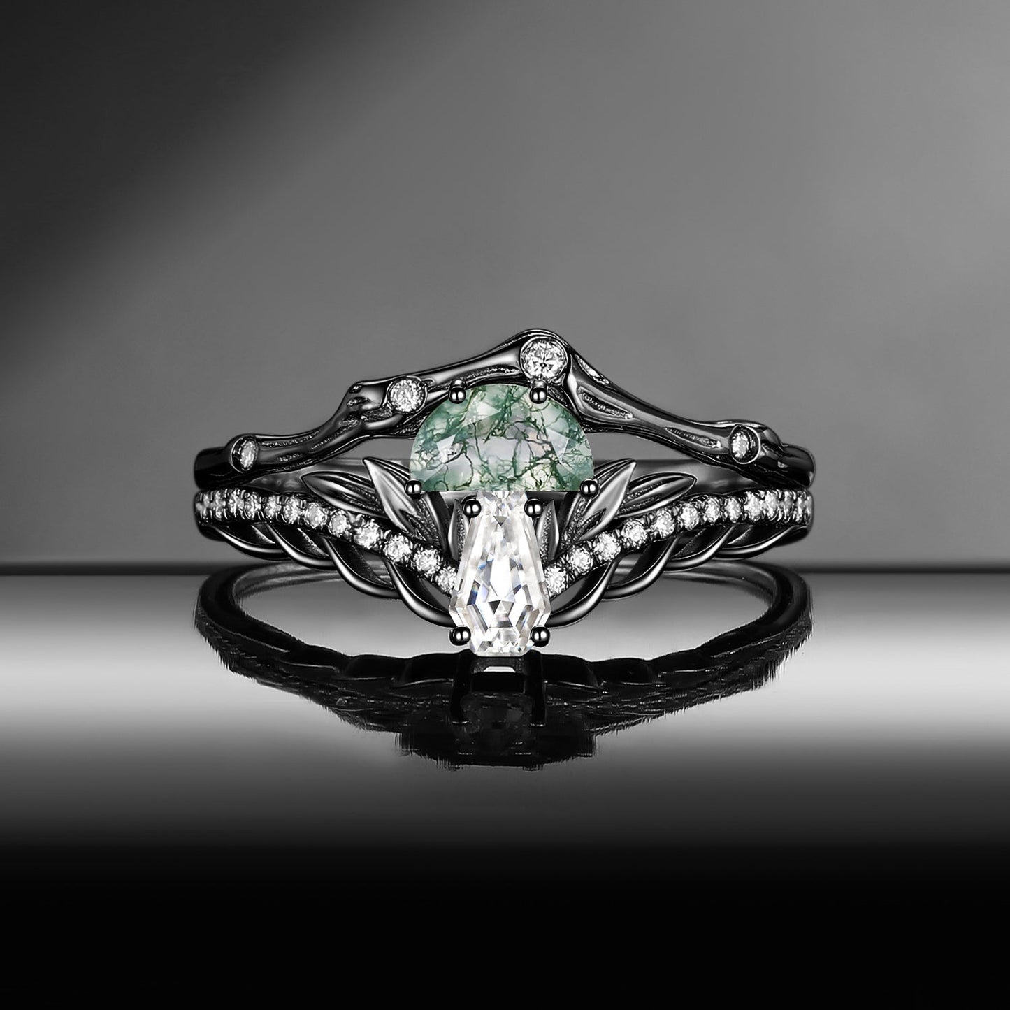 Tree of Life - Nature Inspired Half Moon Moss Agate & Coffin Moissanite Mushroom Engagement Ring Set with Irregular Tree Branch Band