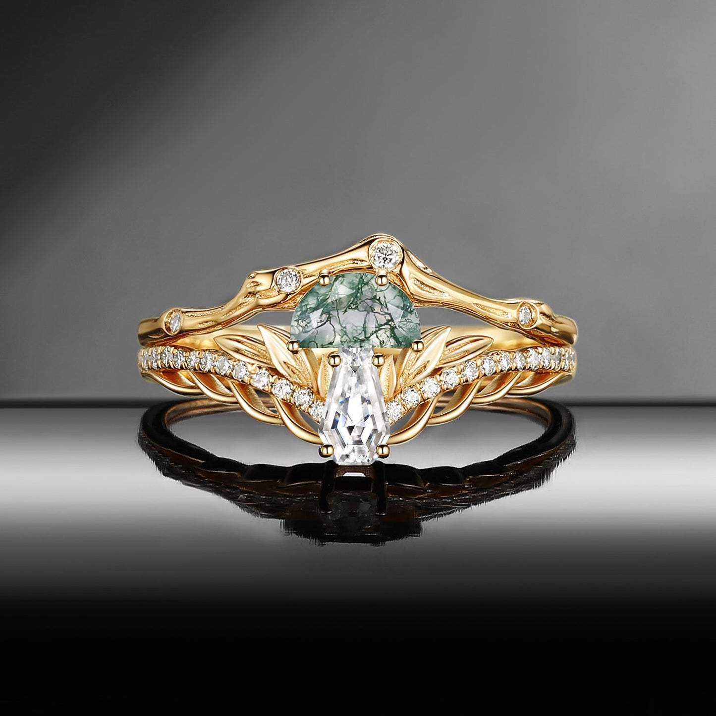 Tree of Life - Nature Inspired Half Moon Moss Agate & Coffin Moissanite Mushroom Engagement Ring Set with Irregular Tree Branch Band