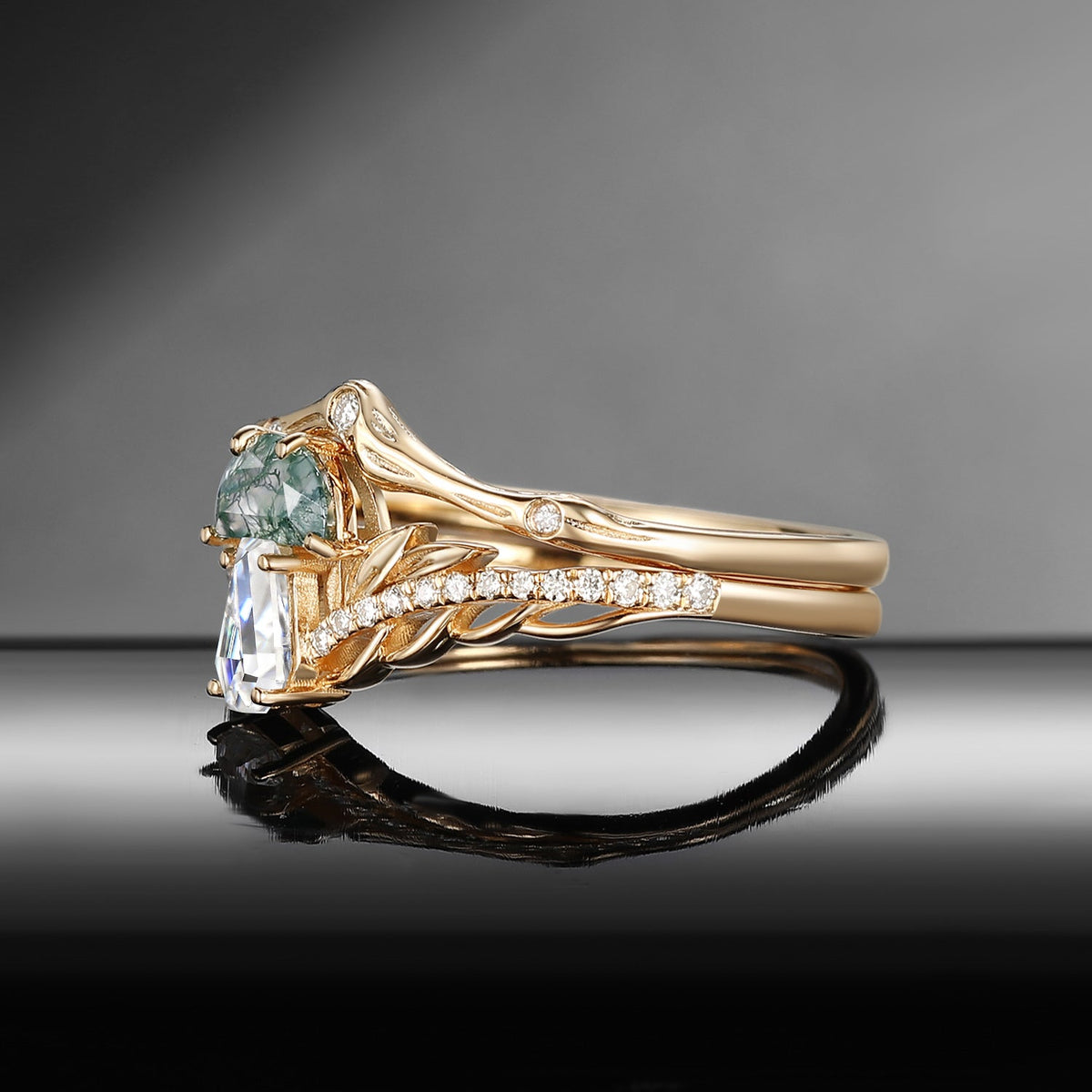 Tree of Life - Nature Inspired Half Moon Moss Agate & Coffin Moissanite Mushroom Engagement Ring Set with Irregular Tree Branch Band