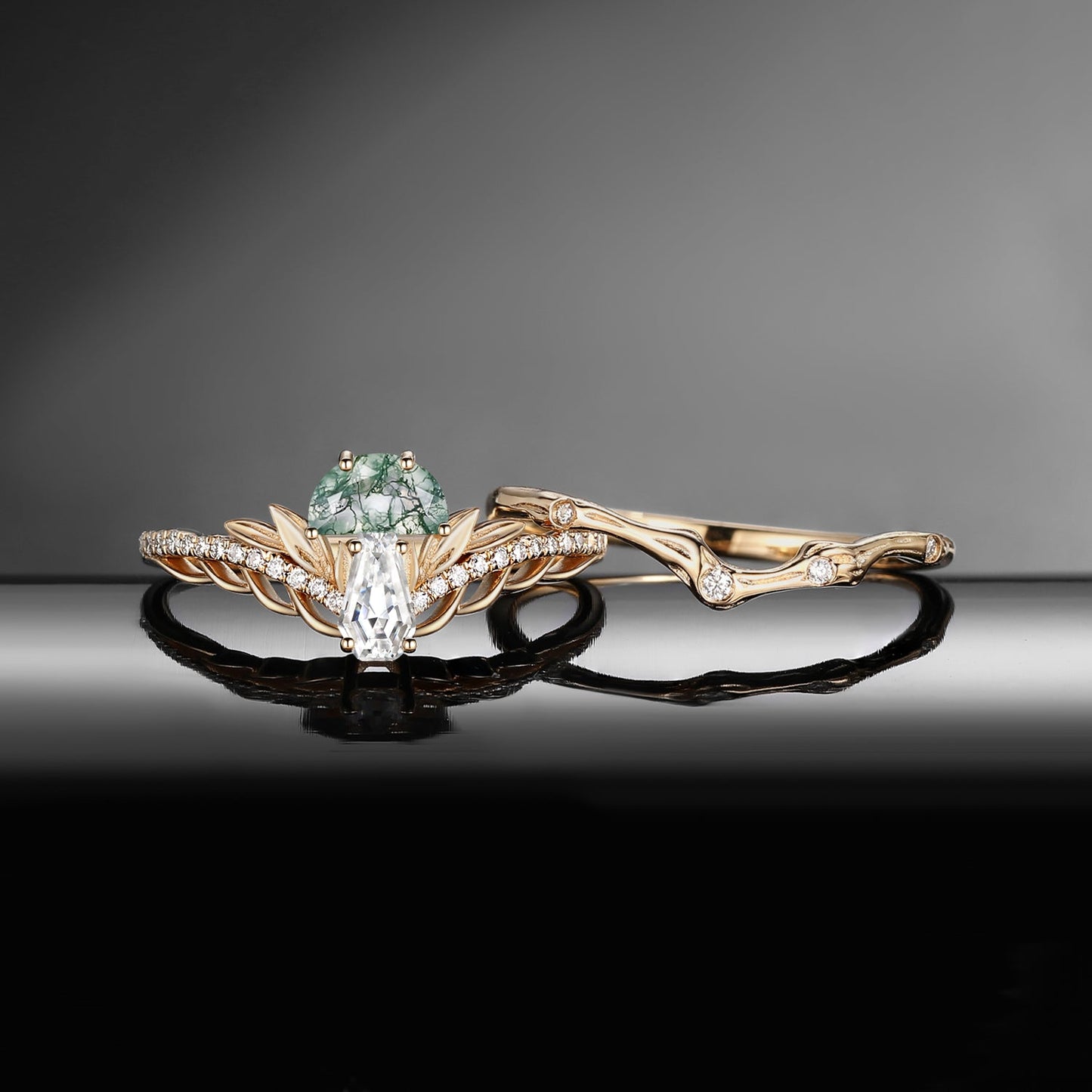 Tree of Life - Nature Inspired Half Moon Moss Agate & Coffin Moissanite Mushroom Engagement Ring Set with Irregular Tree Branch Band