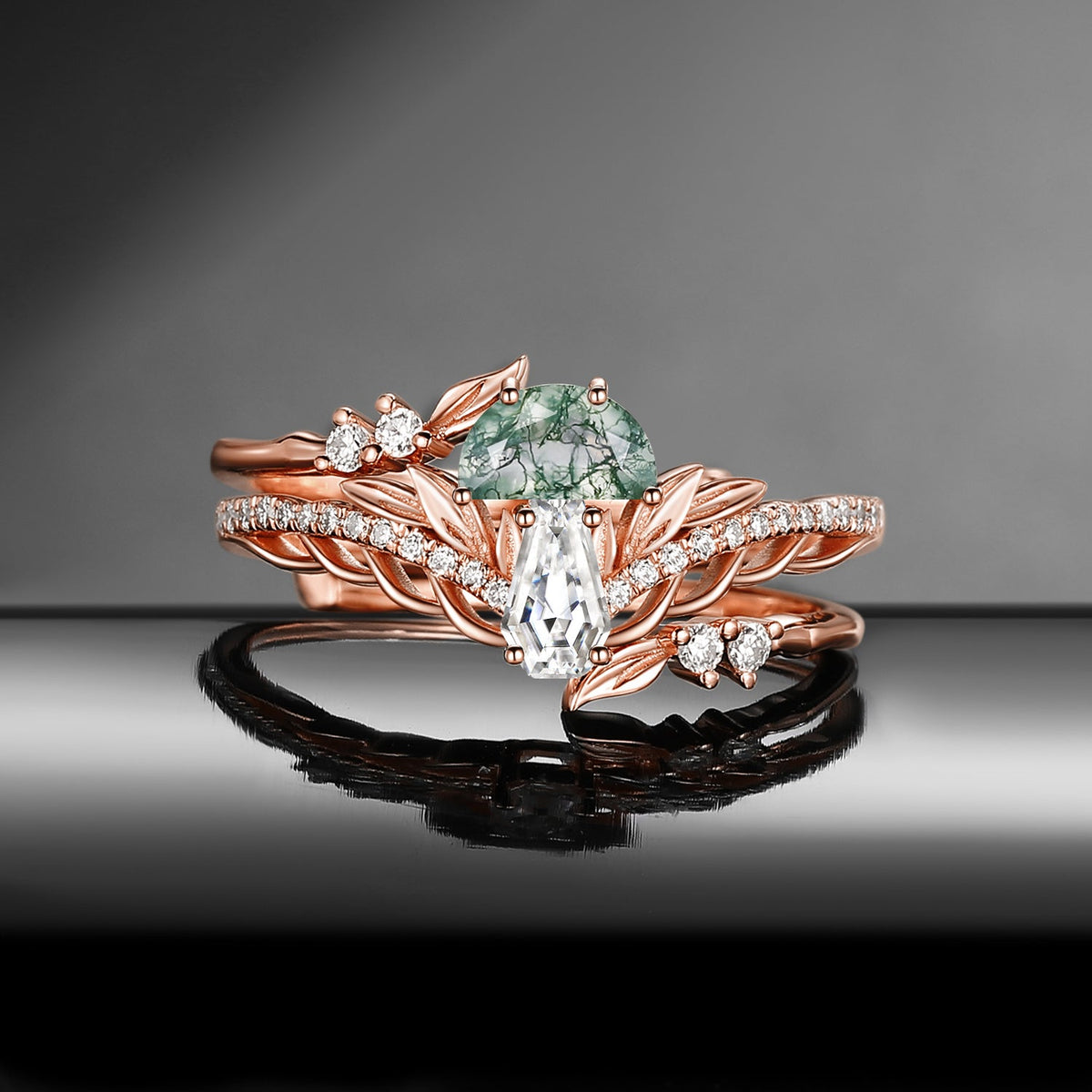 Tree of Life - Nature Inspired Half Moon Moss Agate & Coffin Moissanite Mushroom Cage Ring Set
