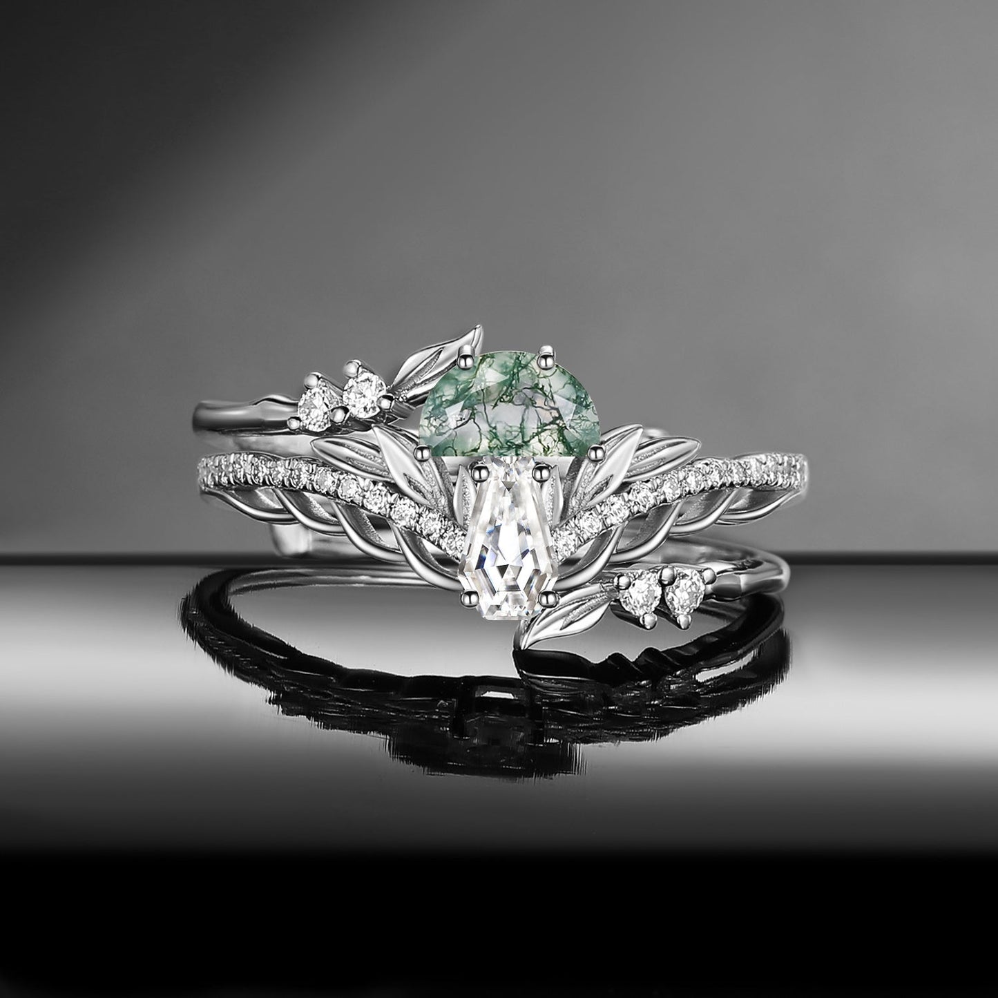 Tree of Life - Nature Inspired Half Moon Moss Agate & Coffin Moissanite Mushroom Cage Ring Set