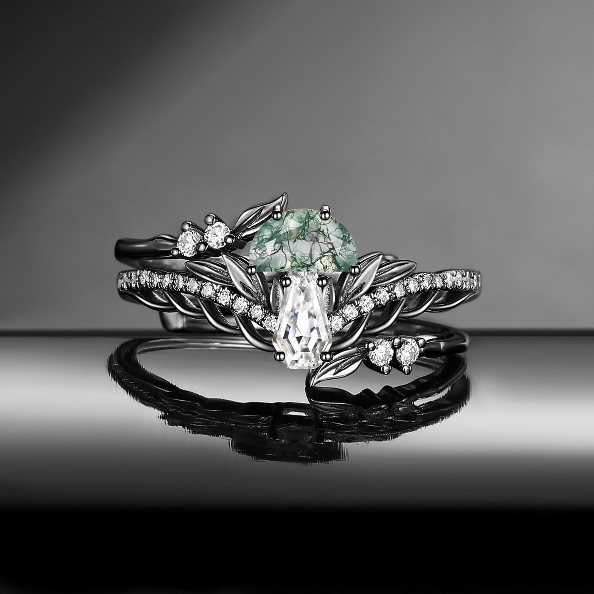 Tree of Life - Nature Inspired Half Moon Moss Agate & Coffin Moissanite Mushroom Cage Ring Set