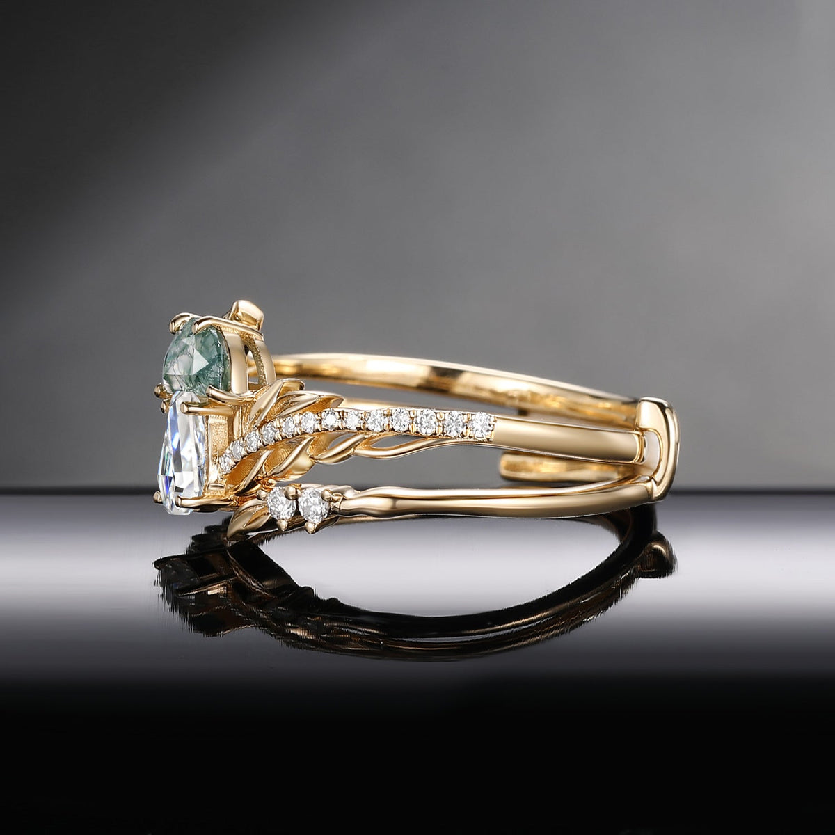 Tree of Life - Nature Inspired Half Moon Moss Agate & Coffin Moissanite Mushroom Cage Ring Set