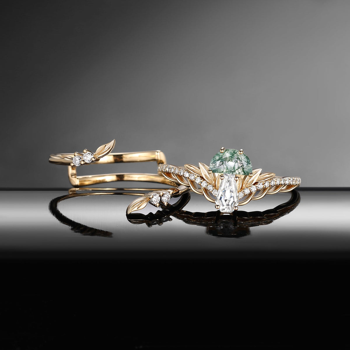 Tree of Life - Nature Inspired Half Moon Moss Agate & Coffin Moissanite Mushroom Cage Ring Set