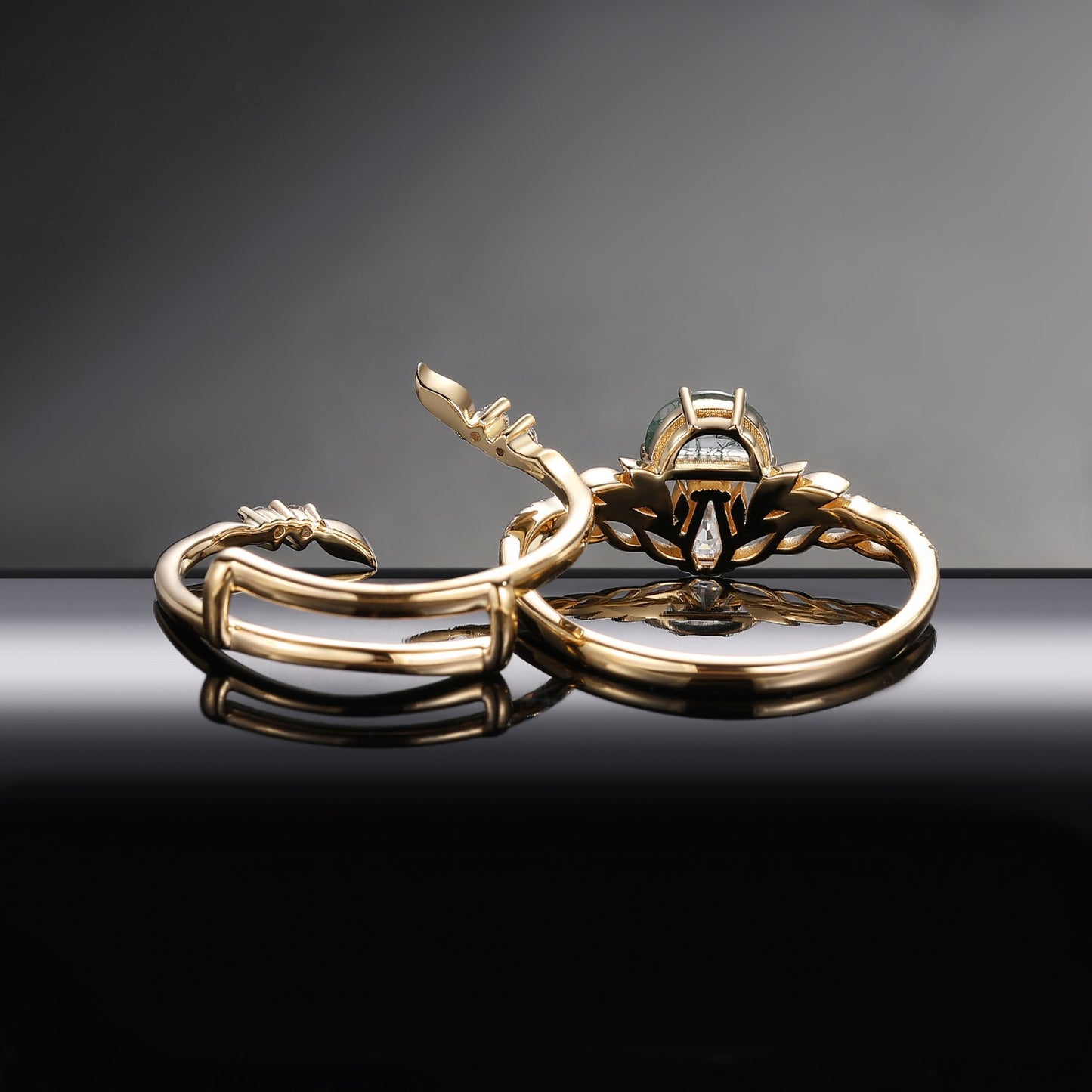 Tree of Life - Nature Inspired Half Moon Moss Agate & Coffin Moissanite Mushroom Cage Ring Set