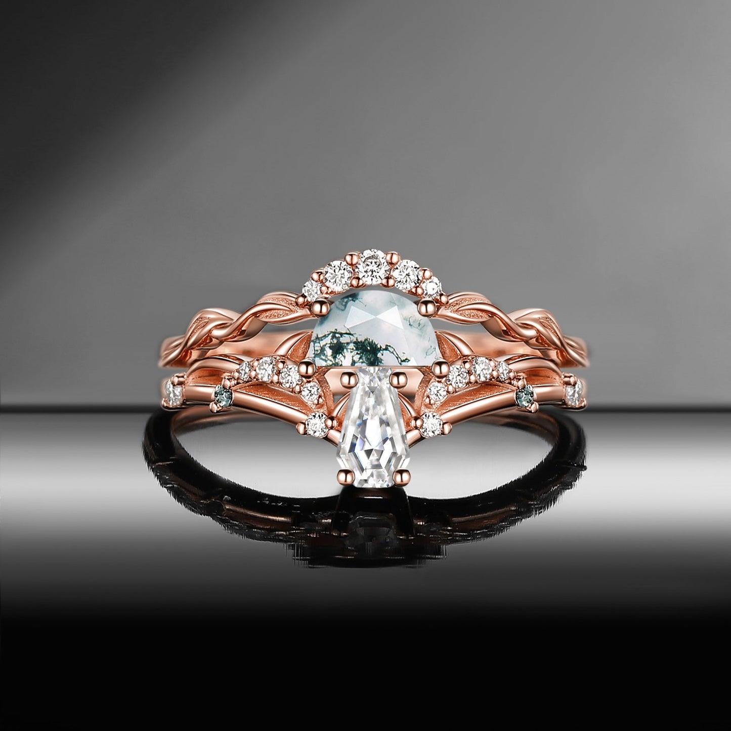 Tree of Life - Nature Inspired Half Moon Moss Agate & Coffin Moissanite Mushroom Engagement Ring Set with Leaf Inspired Band