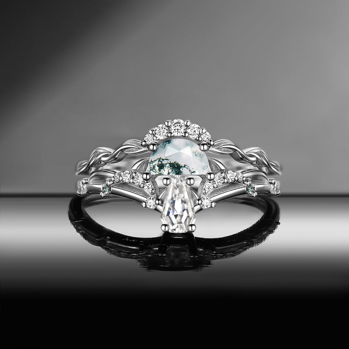 Tree of Life - Nature Inspired Half Moon Moss Agate & Coffin Moissanite Mushroom Engagement Ring Set with Leaf Inspired Band