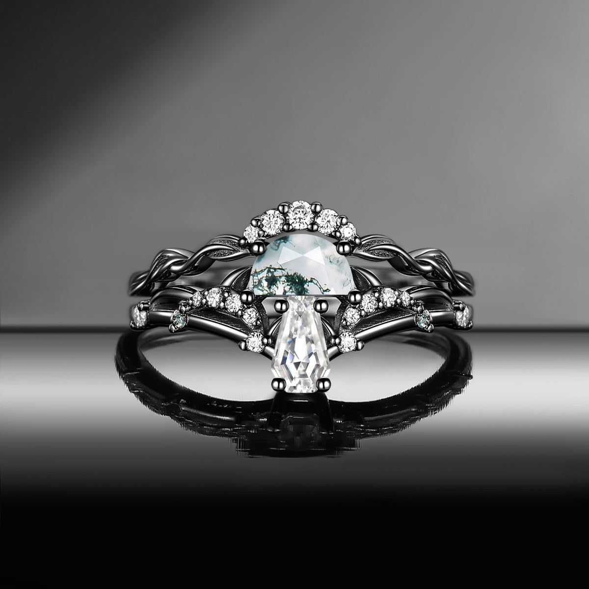 Tree of Life - Nature Inspired Half Moon Moss Agate & Coffin Moissanite Mushroom Engagement Ring Set with Leaf Inspired Band