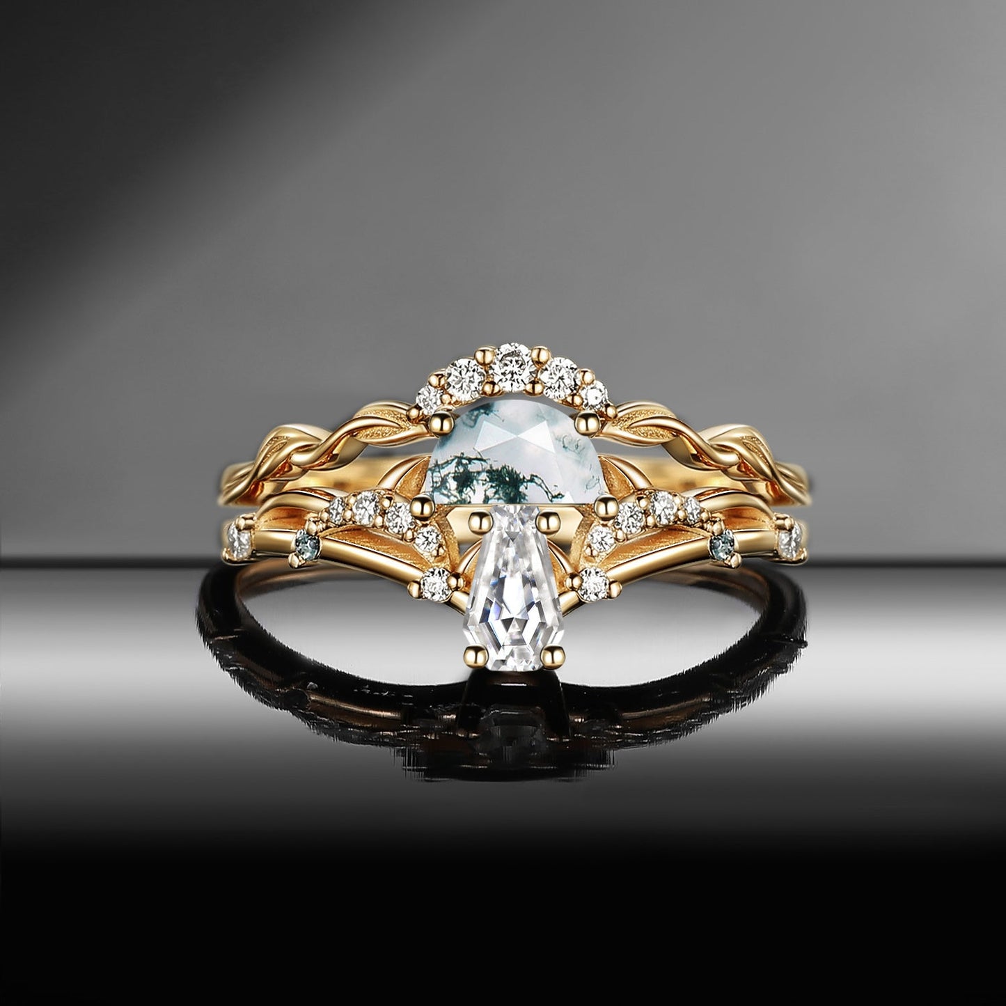 Tree of Life - Nature Inspired Half Moon Moss Agate & Coffin Moissanite Mushroom Engagement Ring Set with Leaf Inspired Band