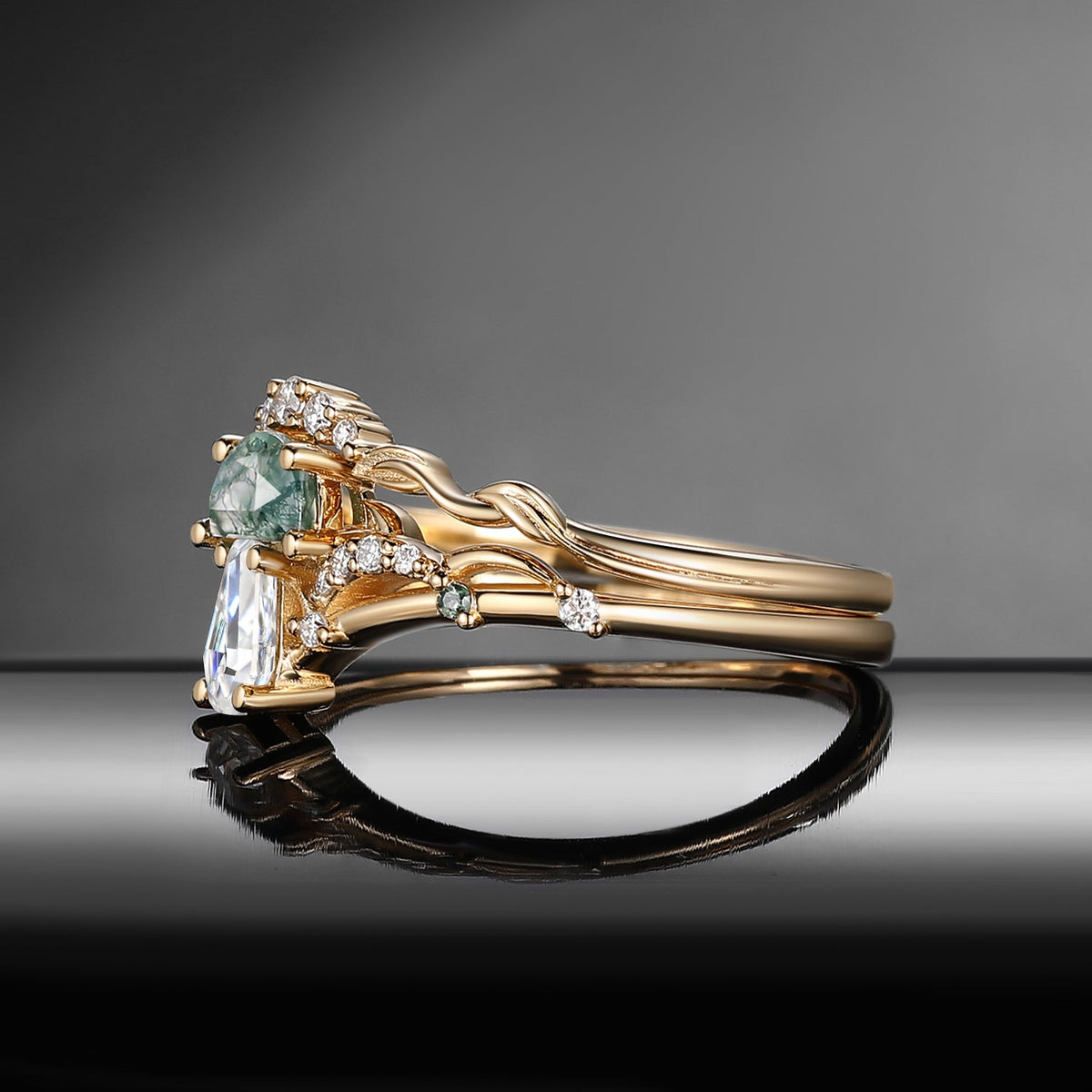 Tree of Life - Nature Inspired Half Moon Moss Agate & Coffin Moissanite Mushroom Engagement Ring Set with Leaf Inspired Band