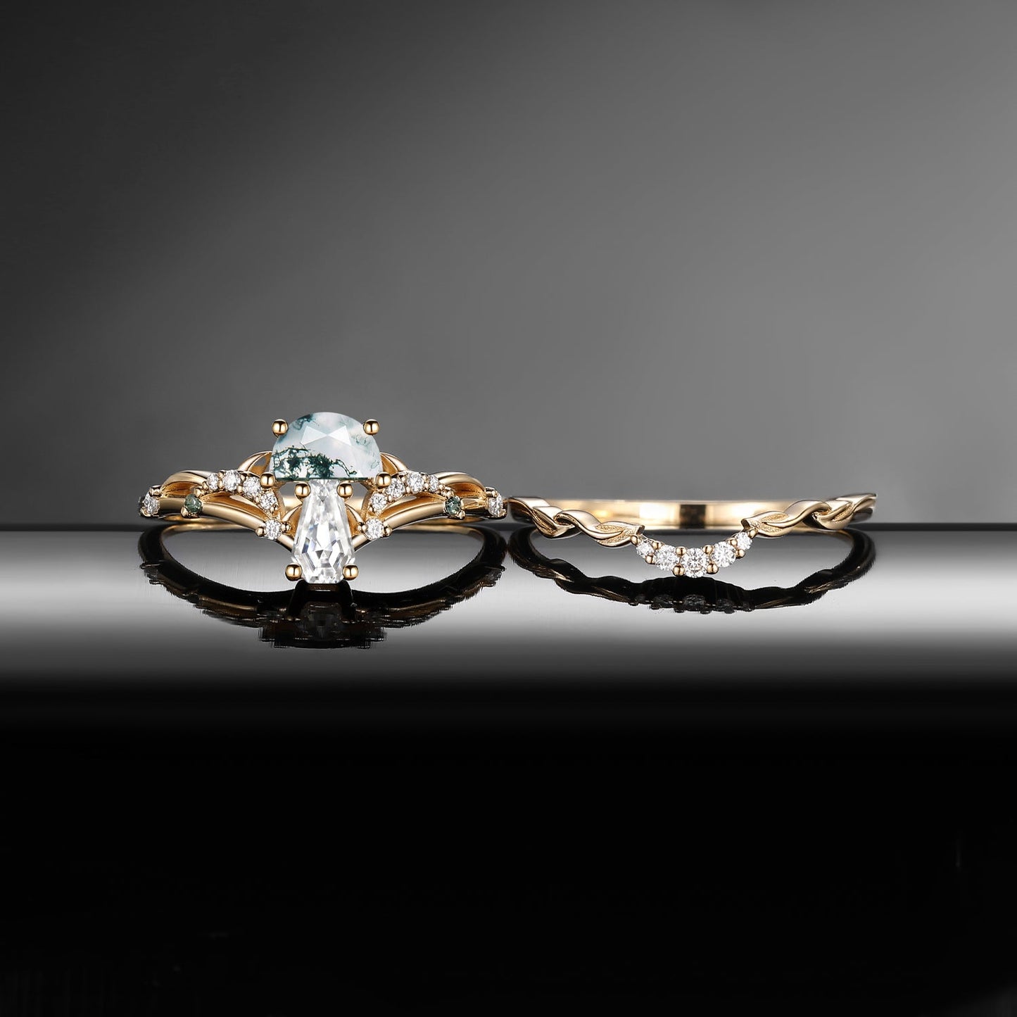 Tree of Life - Nature Inspired Half Moon Moss Agate & Coffin Moissanite Mushroom Engagement Ring Set with Leaf Inspired Band