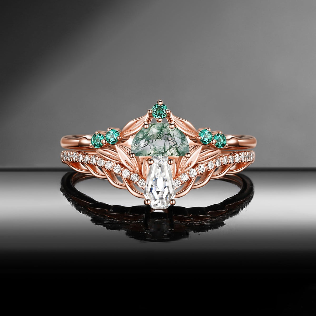 Tree of Life - Nature Inspired Coffin Moissanite & Moss Agate Mushroom Engagement Ring Set