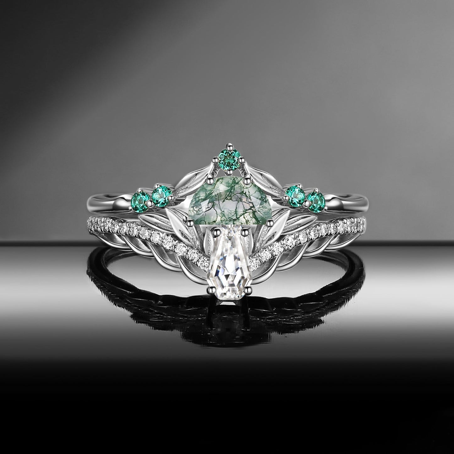 Tree of Life - Nature Inspired Coffin Moissanite & Moss Agate Mushroom Engagement Ring Set