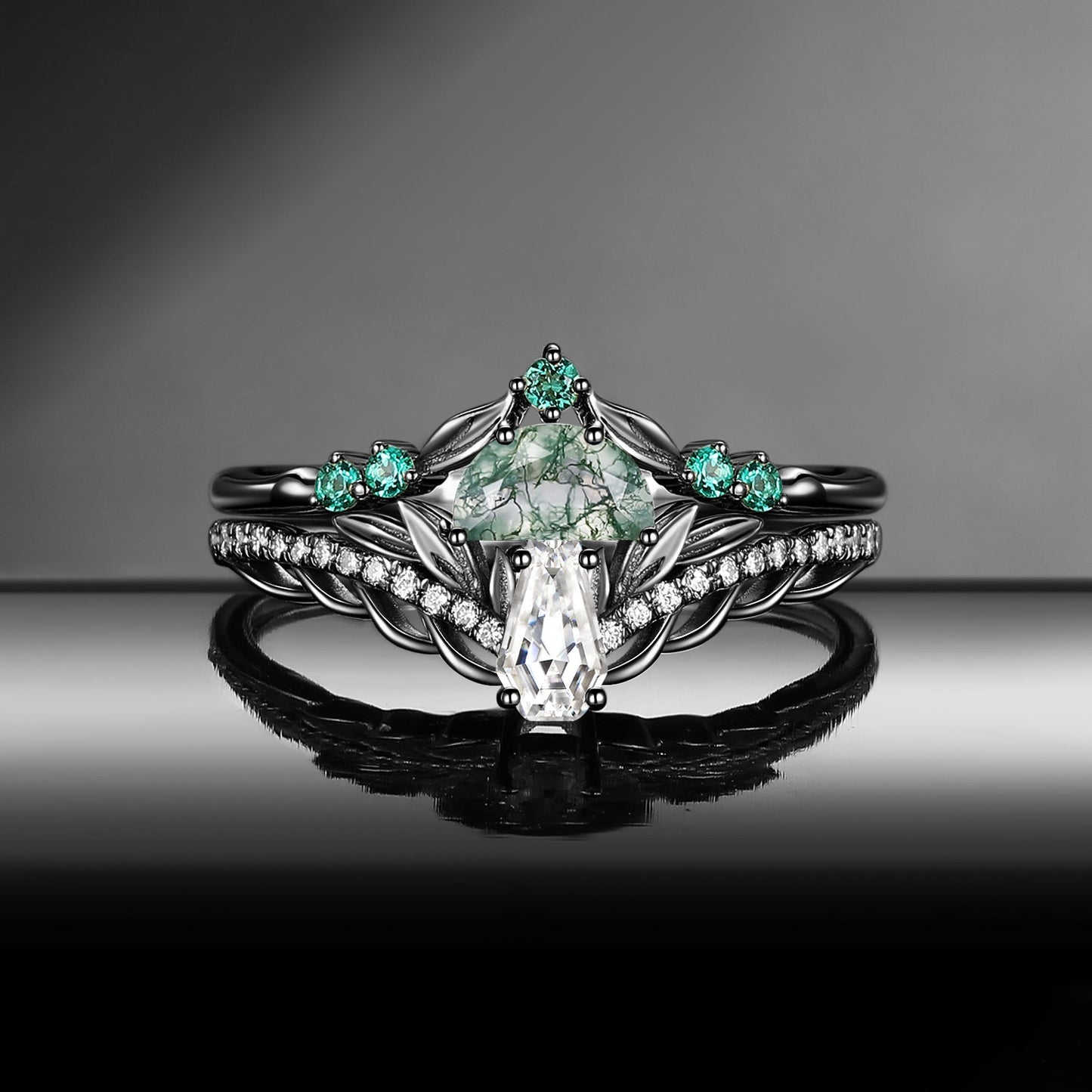 Tree of Life - Nature Inspired Coffin Moissanite & Moss Agate Mushroom Engagement Ring Set