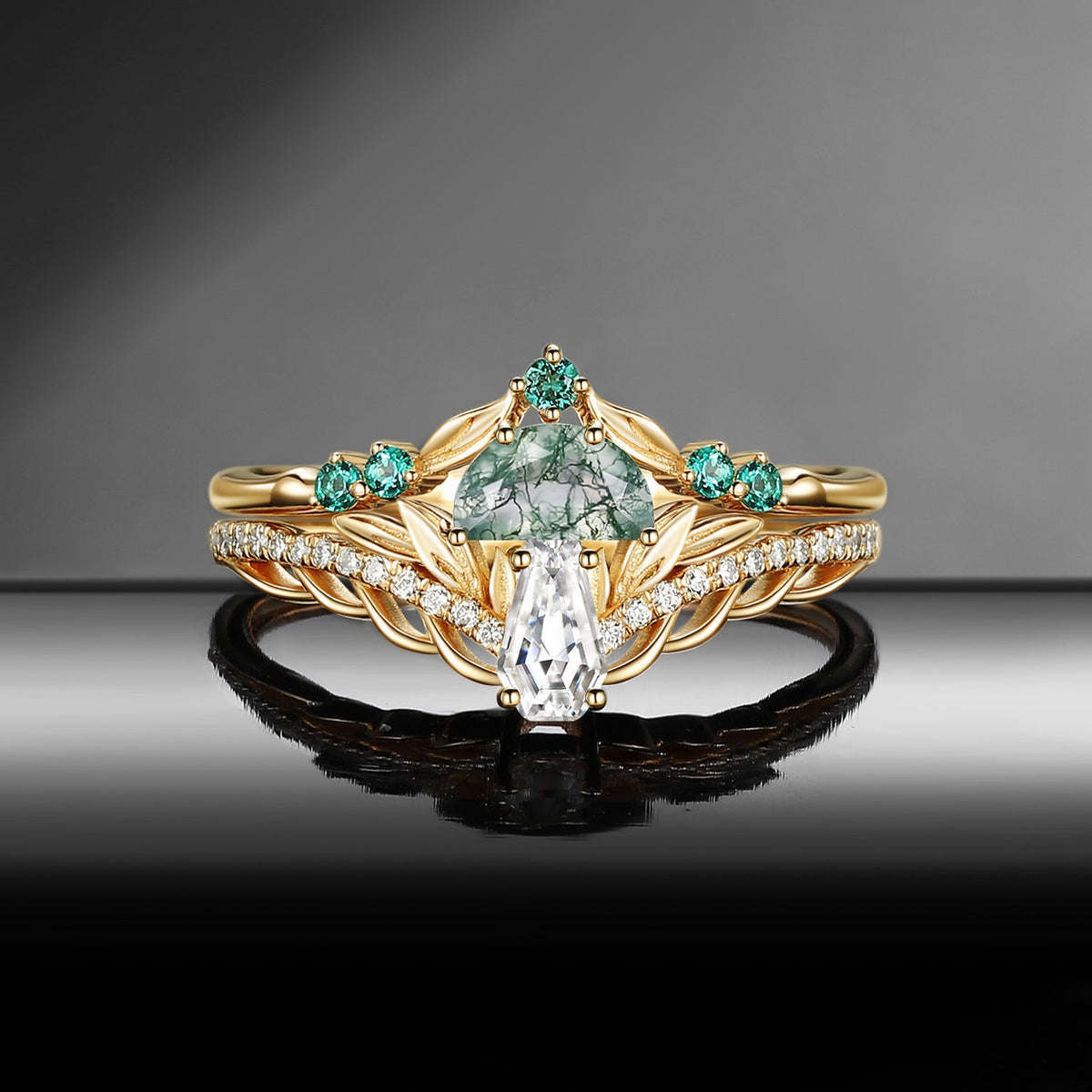 Tree of Life - Nature Inspired Coffin Moissanite & Moss Agate Mushroom Engagement Ring Set