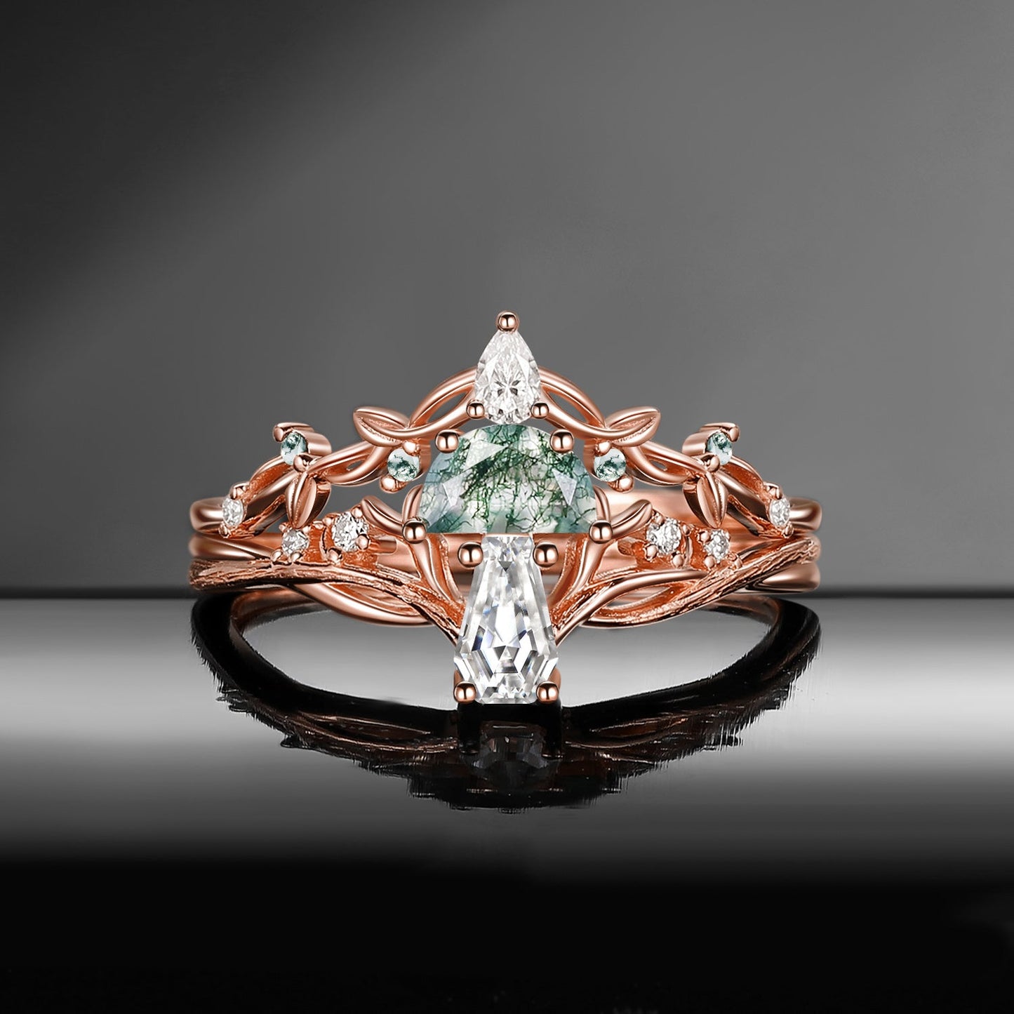 Tree of Life - Nature Inspired Half Moon Moss Agate & Coffin Moissanite Mushroom Engagement Ring Set wit Twisted Branch Band