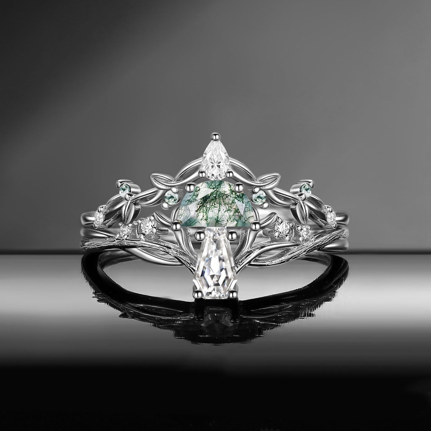 Tree of Life - Nature Inspired Half Moon Moss Agate & Coffin Moissanite Mushroom Engagement Ring Set wit Twisted Branch Band