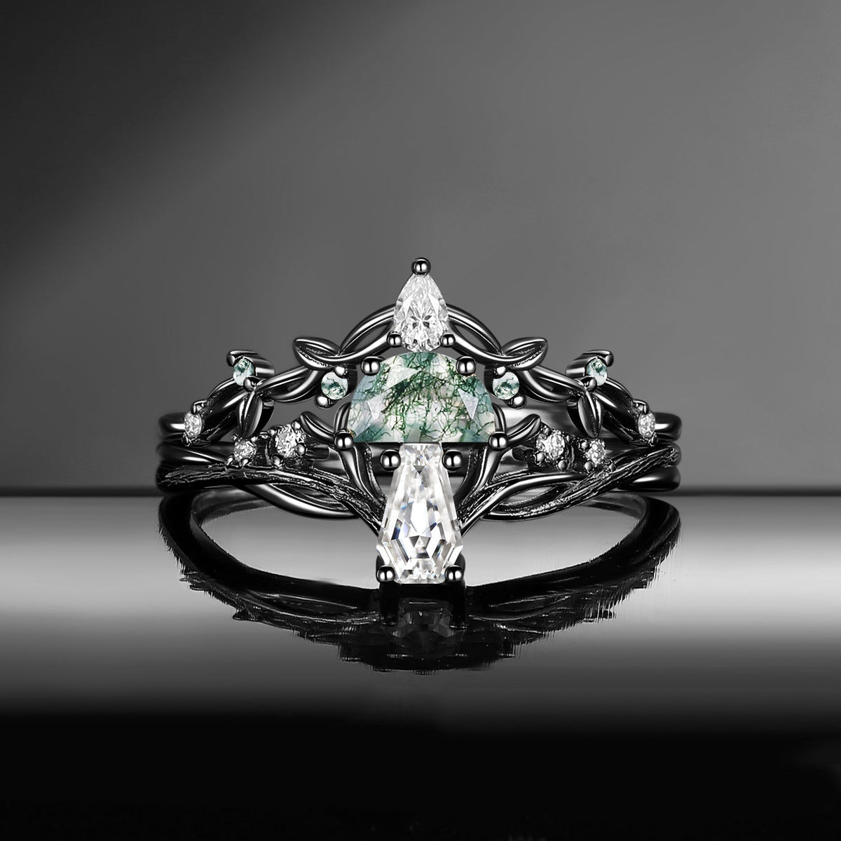 Tree of Life - Nature Inspired Half Moon Moss Agate & Coffin Moissanite Mushroom Engagement Ring Set wit Twisted Branch Band