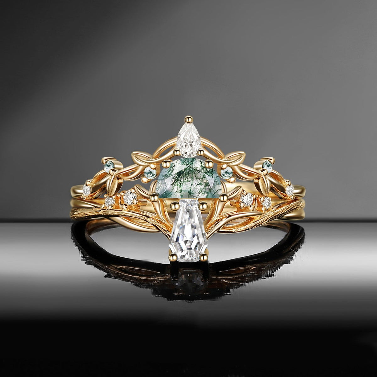 Tree of Life - Nature Inspired Half Moon Moss Agate & Coffin Moissanite Mushroom Engagement Ring Set wit Twisted Branch Band