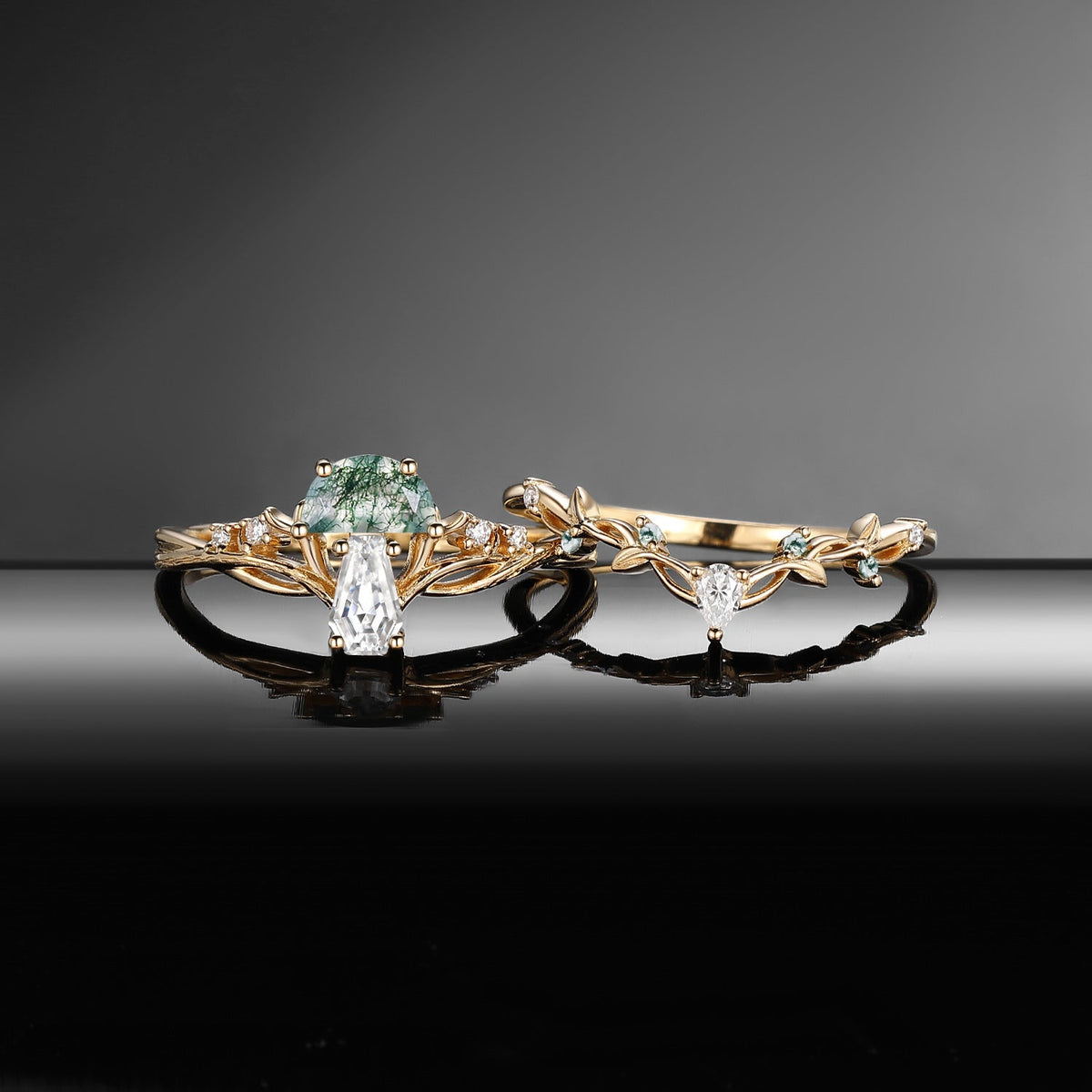 Tree of Life - Nature Inspired Half Moon Moss Agate & Coffin Moissanite Mushroom Engagement Ring Set wit Twisted Branch Band