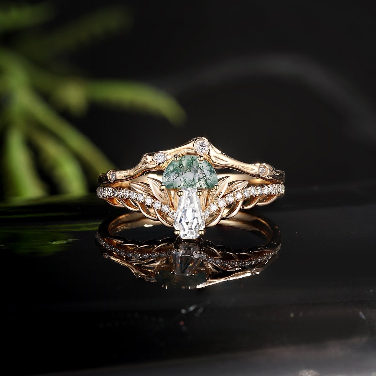 Tree of Life - Nature Inspired Half Moon Moss Agate & Coffin Moissanite Mushroom Engagement Ring Set with Irregular Tree Branch Band