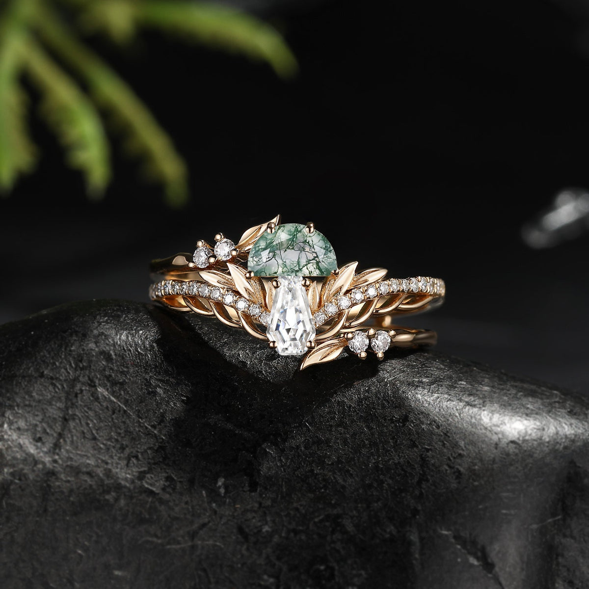 Tree of Life - Nature Inspired Half Moon Moss Agate & Coffin Moissanite Mushroom Cage Ring Set
