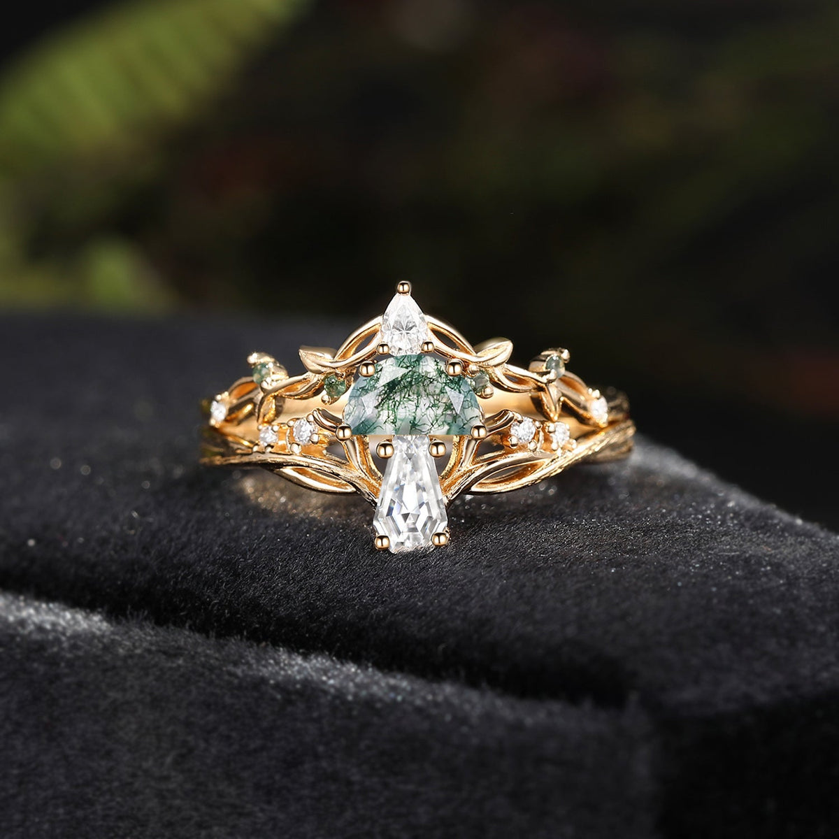 Tree of Life - Nature Inspired Half Moon Moss Agate & Coffin Moissanite Mushroom Engagement Ring Set wit Twisted Branch Band