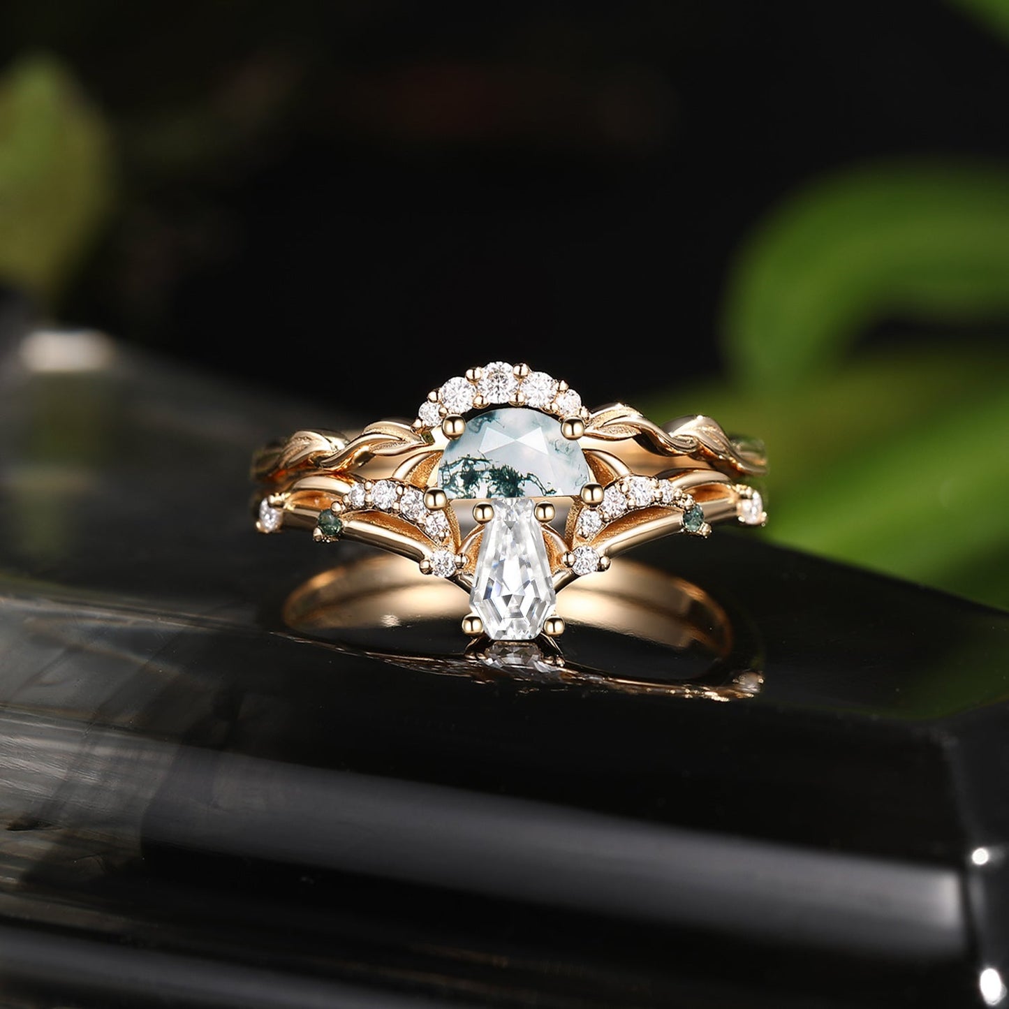 Tree of Life - Nature Inspired Half Moon Moss Agate & Coffin Moissanite Mushroom Engagement Ring Set with Leaf Inspired Band