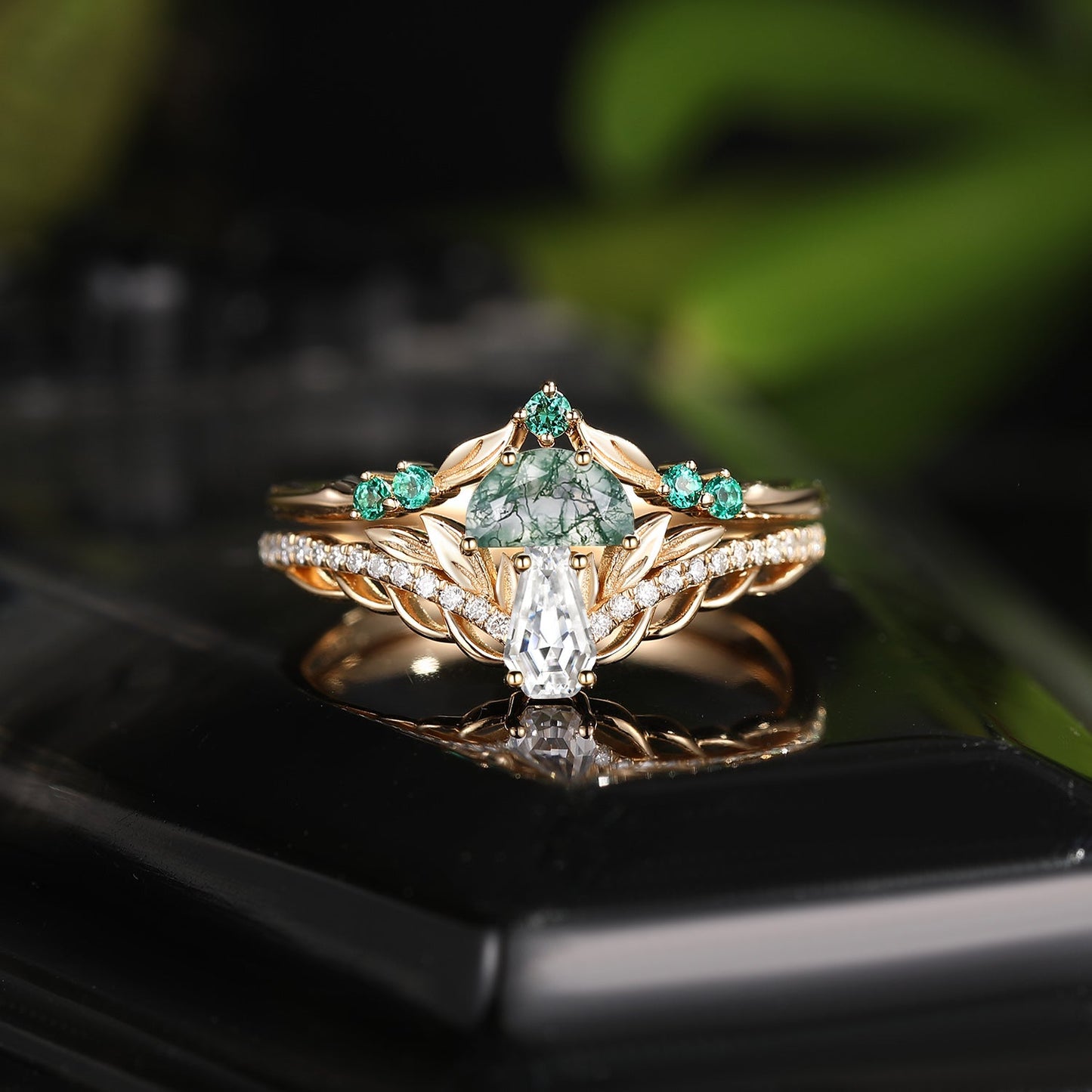 Tree of Life - Nature Inspired Coffin Moissanite & Moss Agate Mushroom Engagement Ring Set