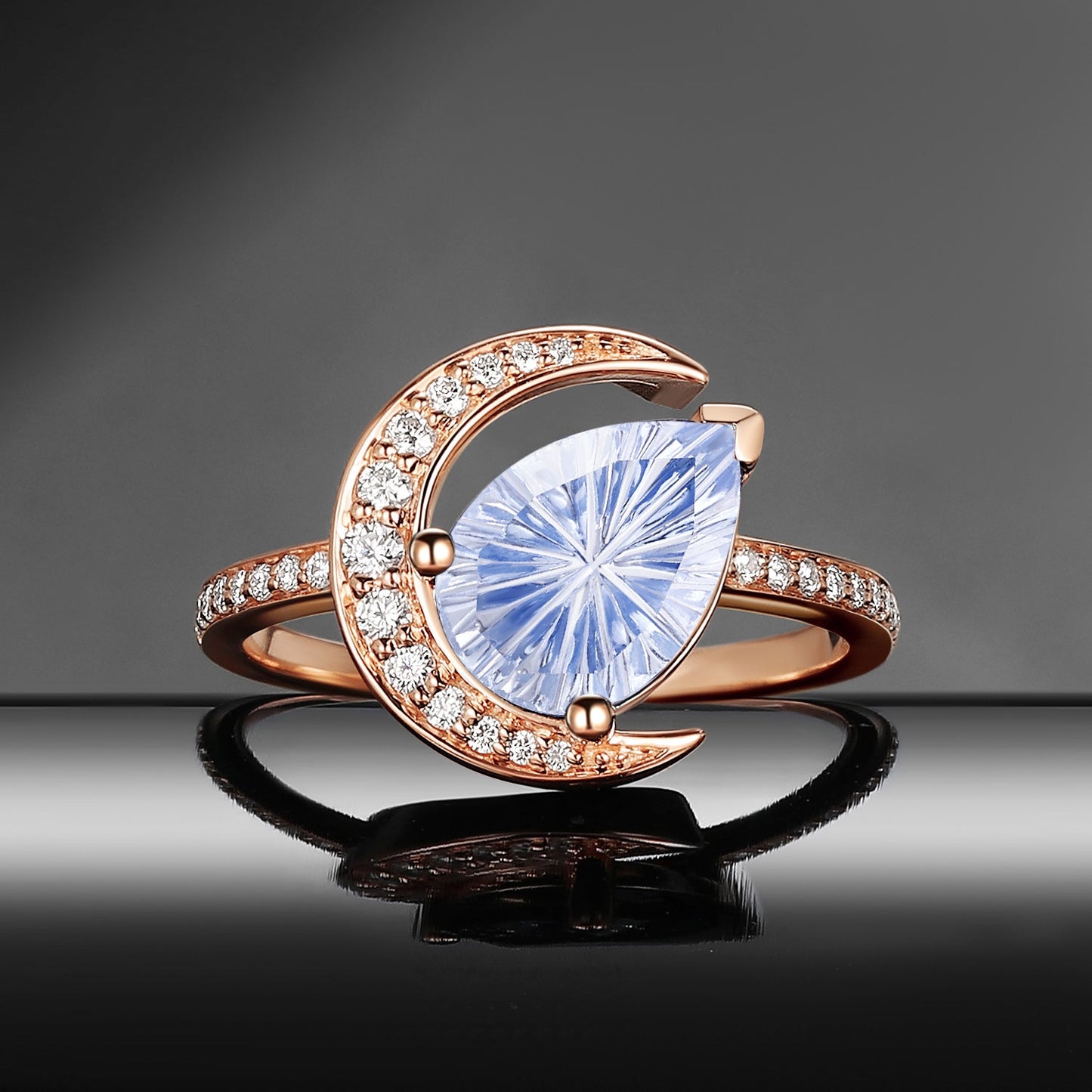 'Moonlit Reverie' - Fantasy Cut Pear Blue Sandstone Tilted Crescent Moon Engagement Ring