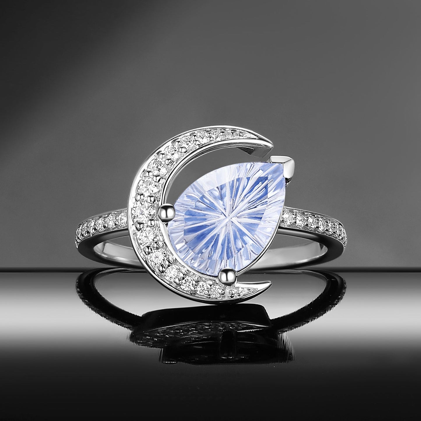 'Moonlit Reverie' - Fantasy Cut Pear Blue Sandstone Tilted Crescent Moon Engagement Ring