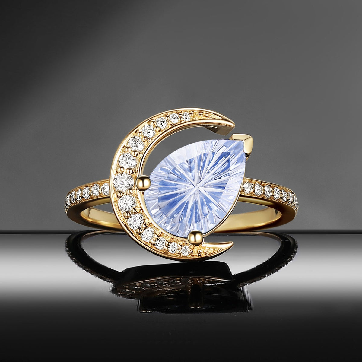 'Moonlit Reverie' - Fantasy Cut Pear Blue Sandstone Tilted Crescent Moon Engagement Ring