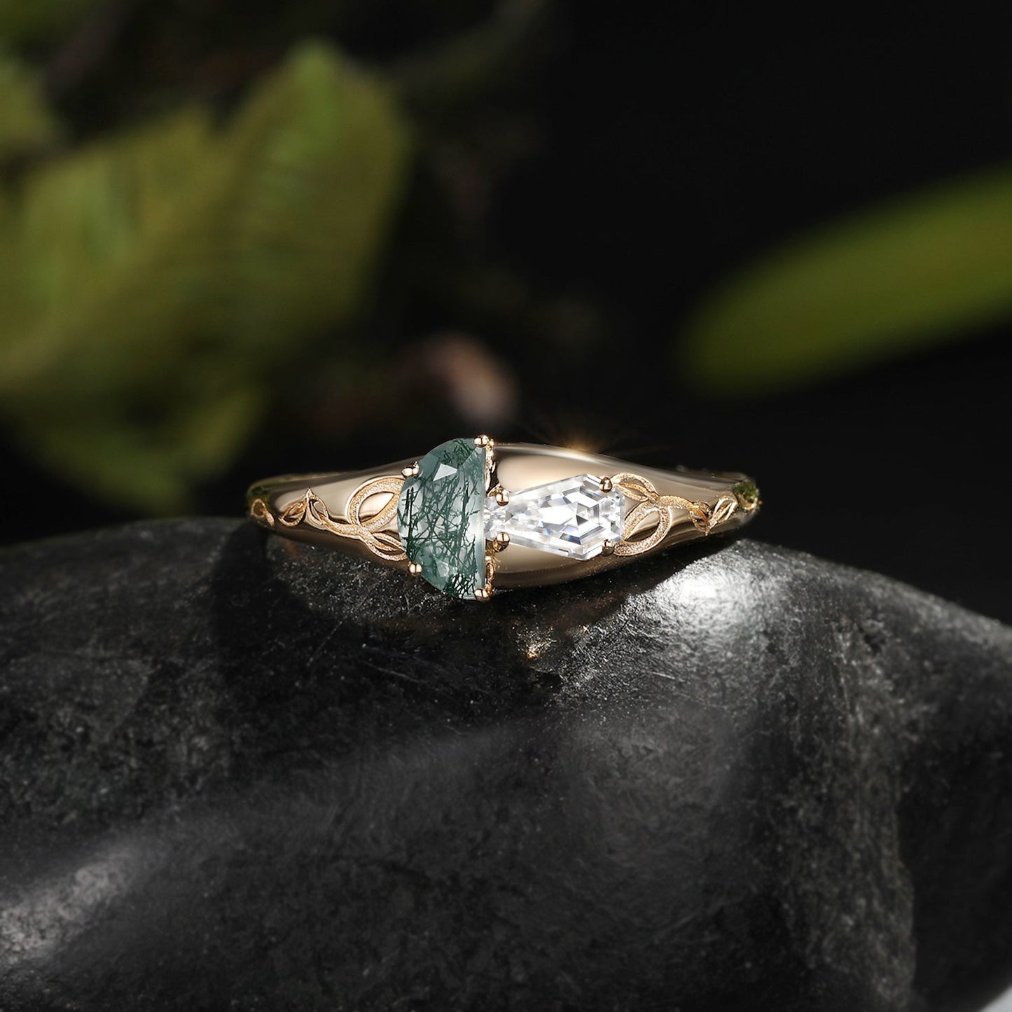 Tree of Life - Half Moon Moss Agate & Coffin Moissanite Mushroom Ring Filigree Wedding Band