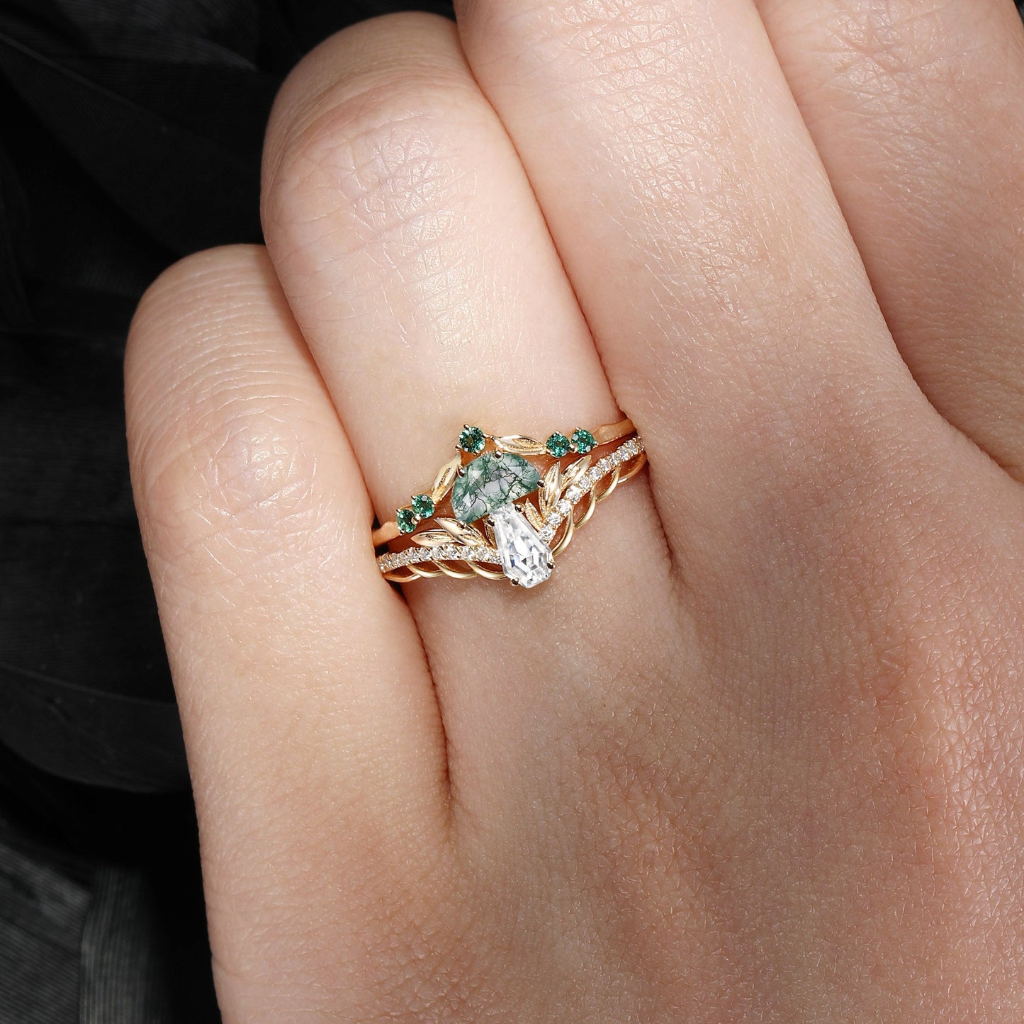 Tree of Life - Nature Inspired Coffin Moissanite & Moss Agate Mushroom Engagement Ring Set