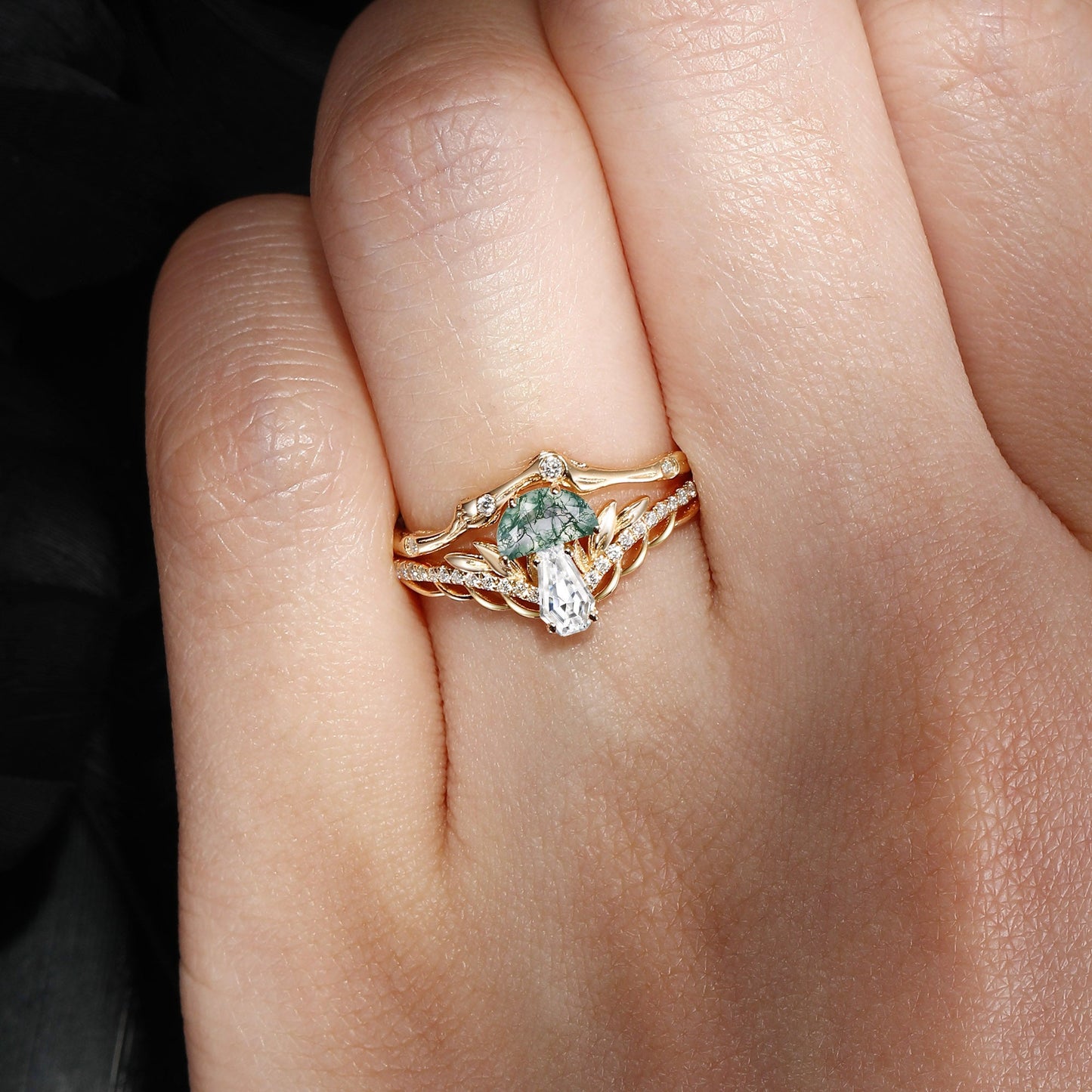Tree of Life - Nature Inspired Half Moon Moss Agate & Coffin Moissanite Mushroom Engagement Ring Set with Irregular Tree Branch Band