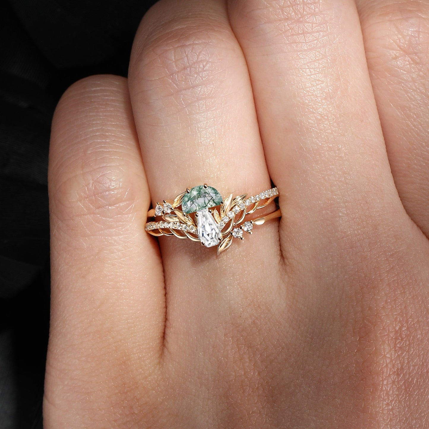Tree of Life - Nature Inspired Half Moon Moss Agate & Coffin Moissanite Mushroom Cage Ring Set