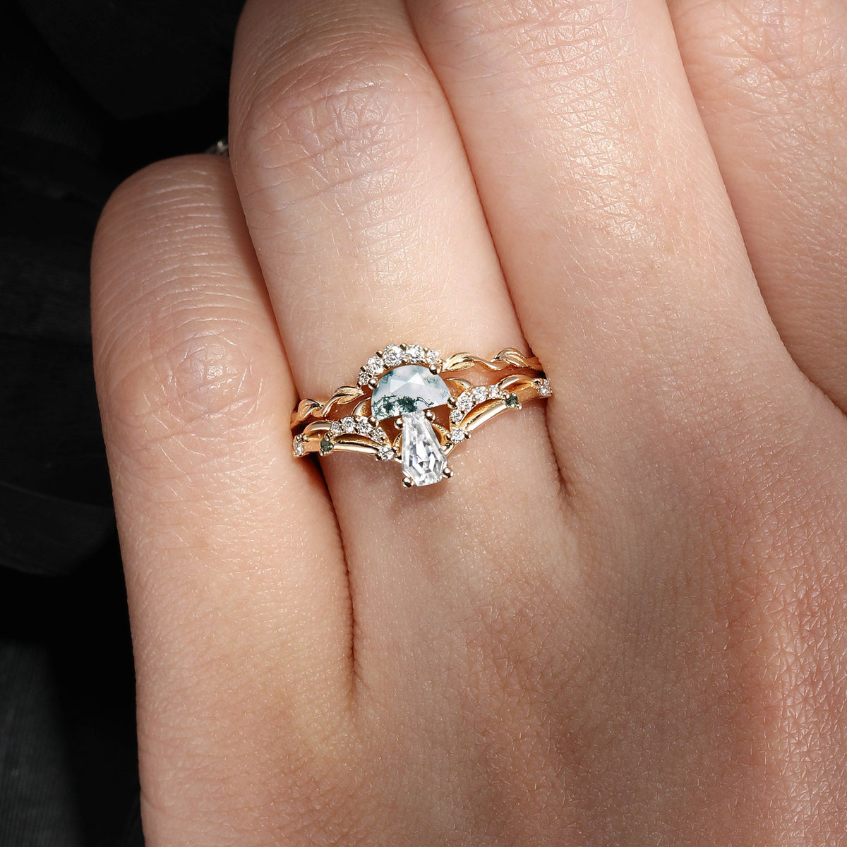 Tree of Life - Nature Inspired Half Moon Moss Agate & Coffin Moissanite Mushroom Engagement Ring Set with Leaf Inspired Band