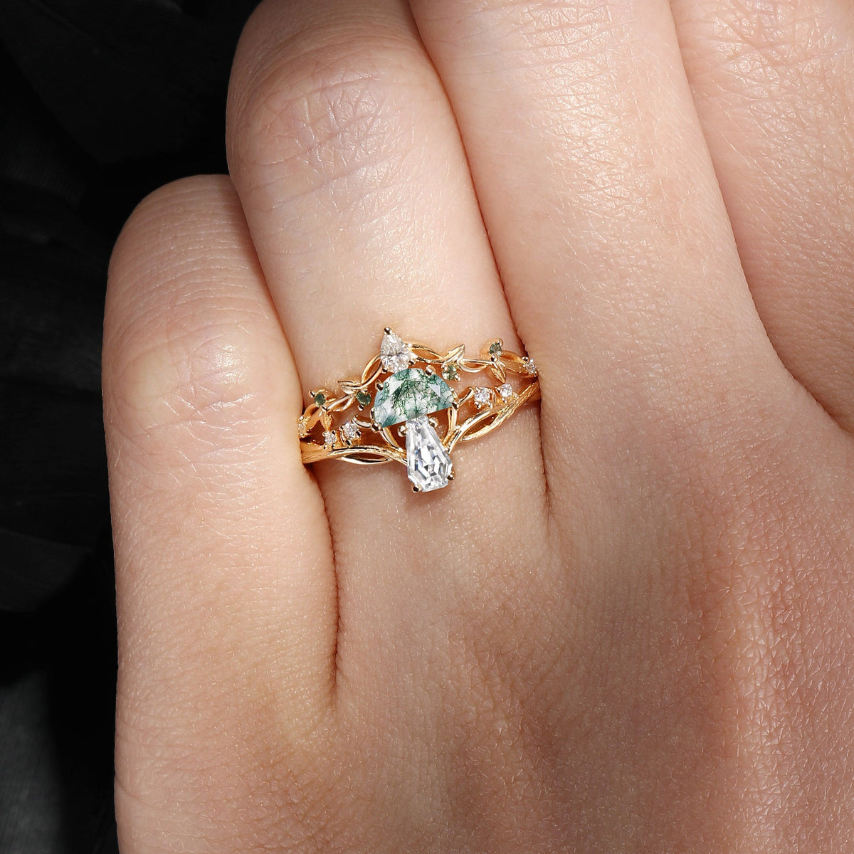 Tree of Life - Nature Inspired Half Moon Moss Agate & Coffin Moissanite Mushroom Engagement Ring Set wit Twisted Branch Band