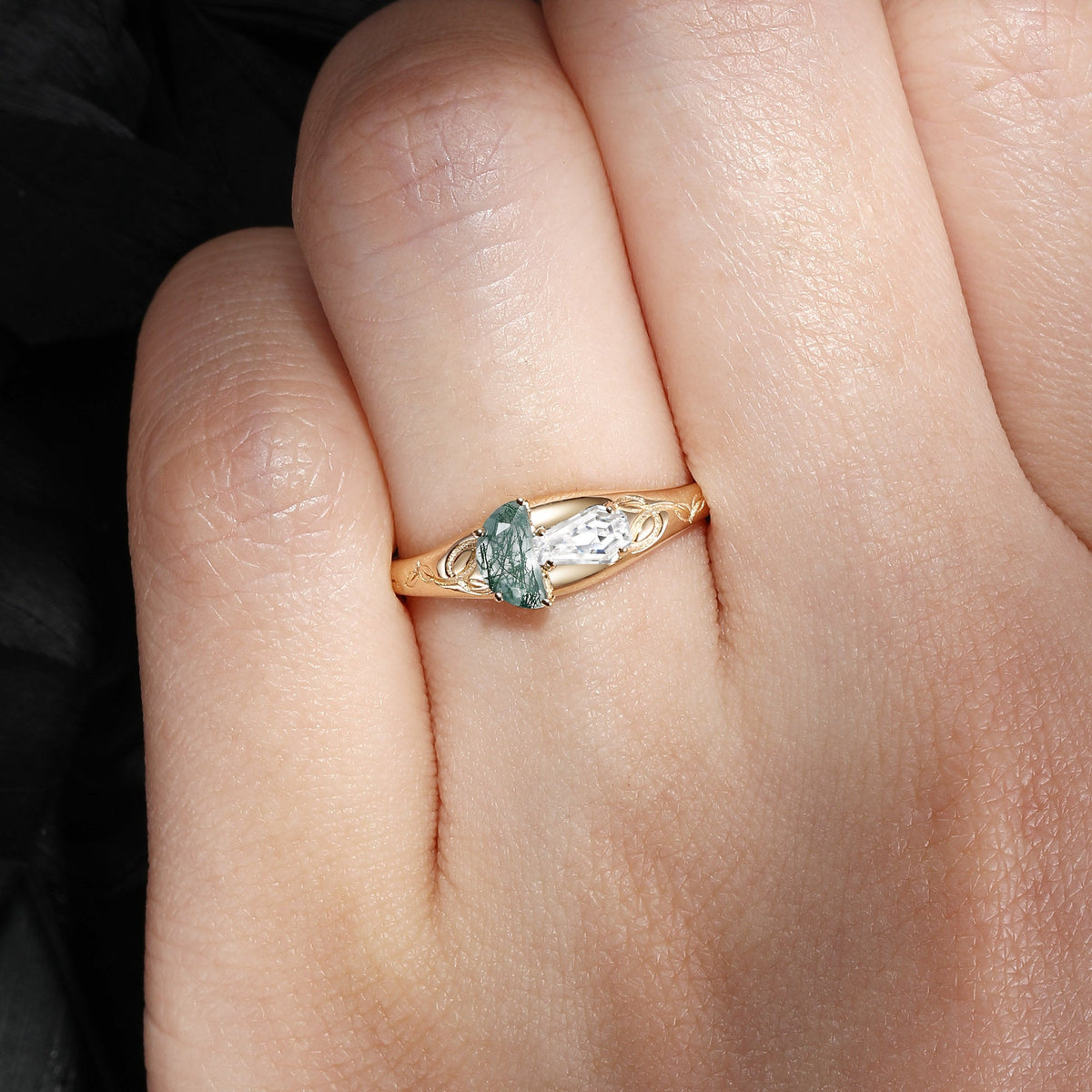 Tree of Life - Half Moon Moss Agate & Coffin Moissanite Mushroom Ring Filigree Wedding Band