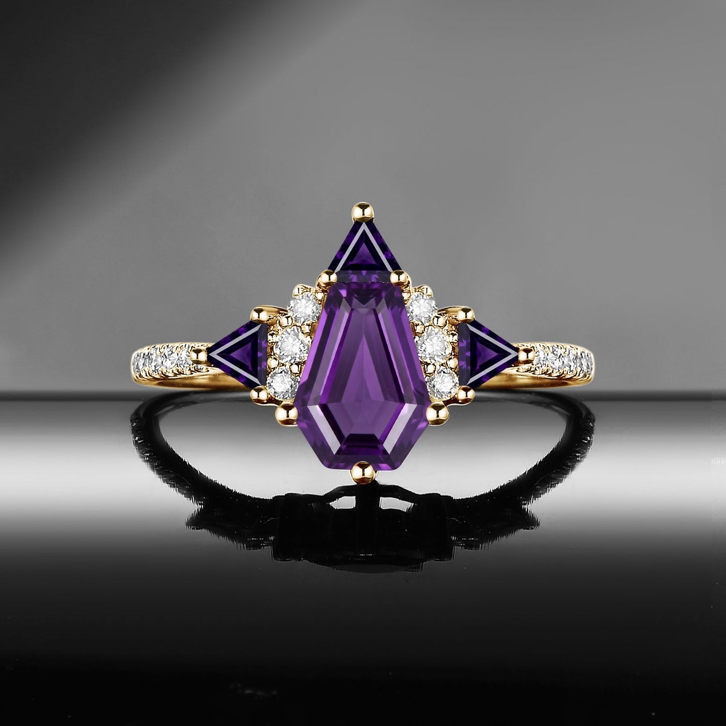 Classic Style Coffin Cut Amethyst Engagement Ring with Triangle Amethyst Cluster