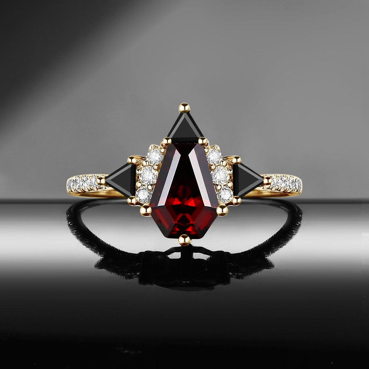 Classic Style Coffin Cut Garnet Engagement Ring with Triangle Moissanite Cluster